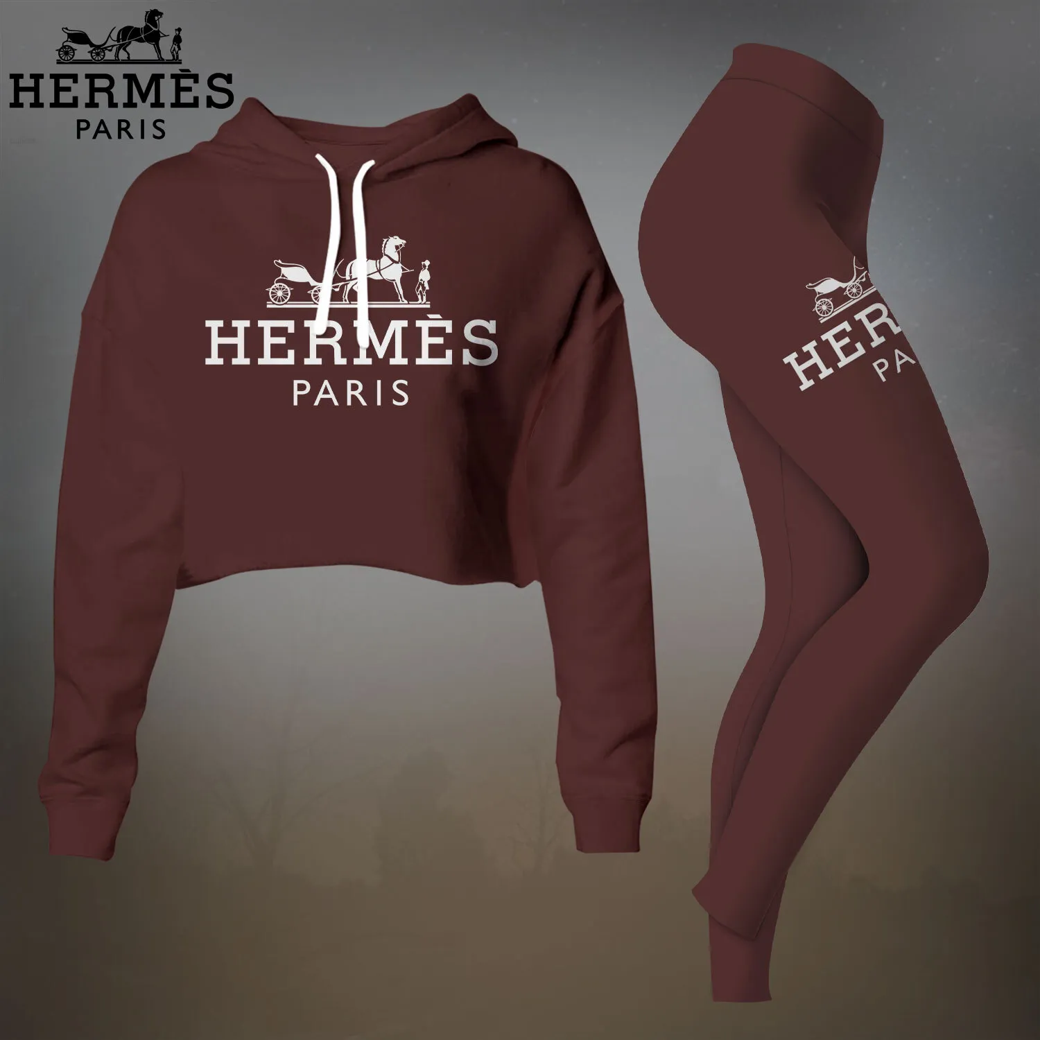Herms Cropped Hoodie And Leggings Set Maroon White Logo