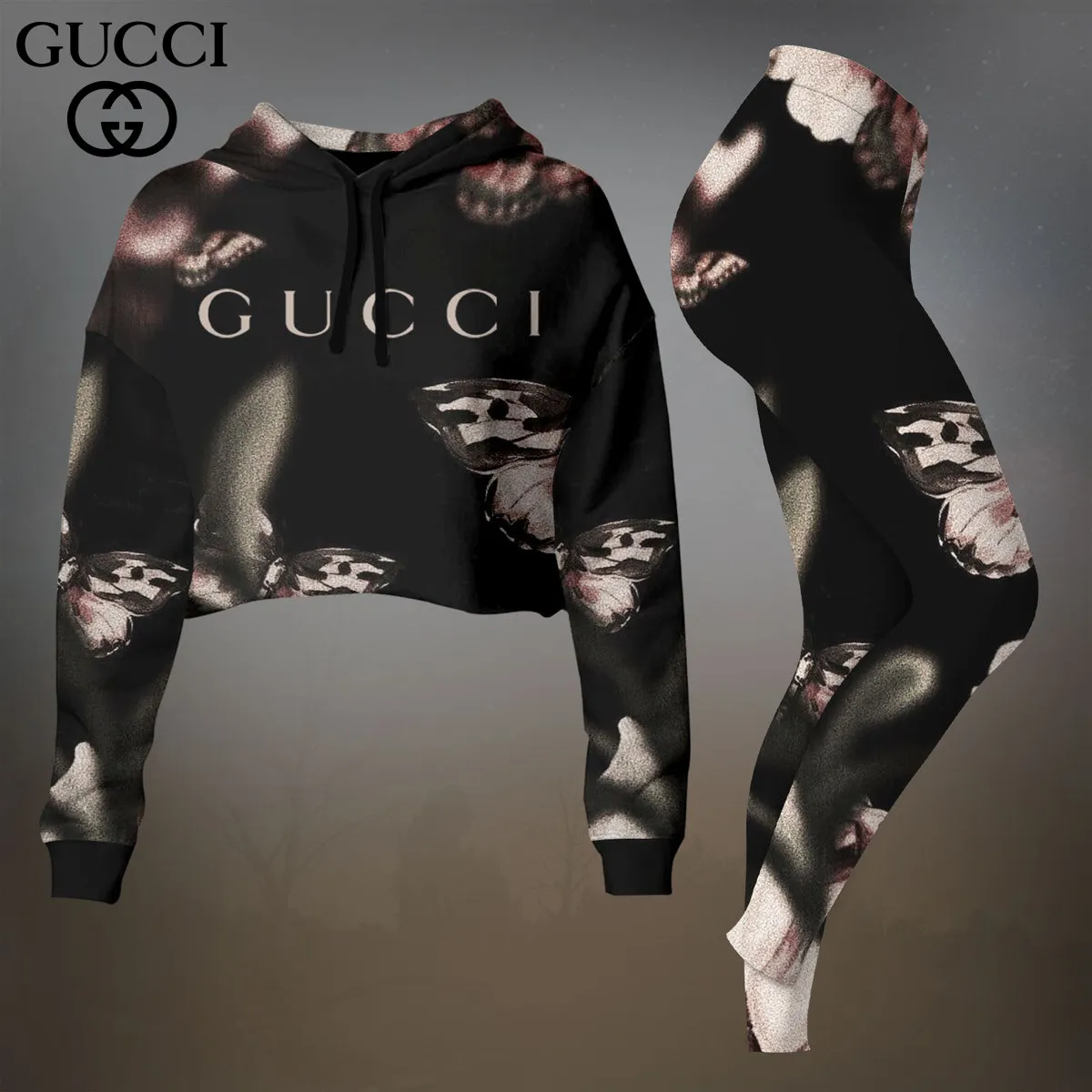 Gucci Cropped Hoodie And Leggings Set Black Floral Print