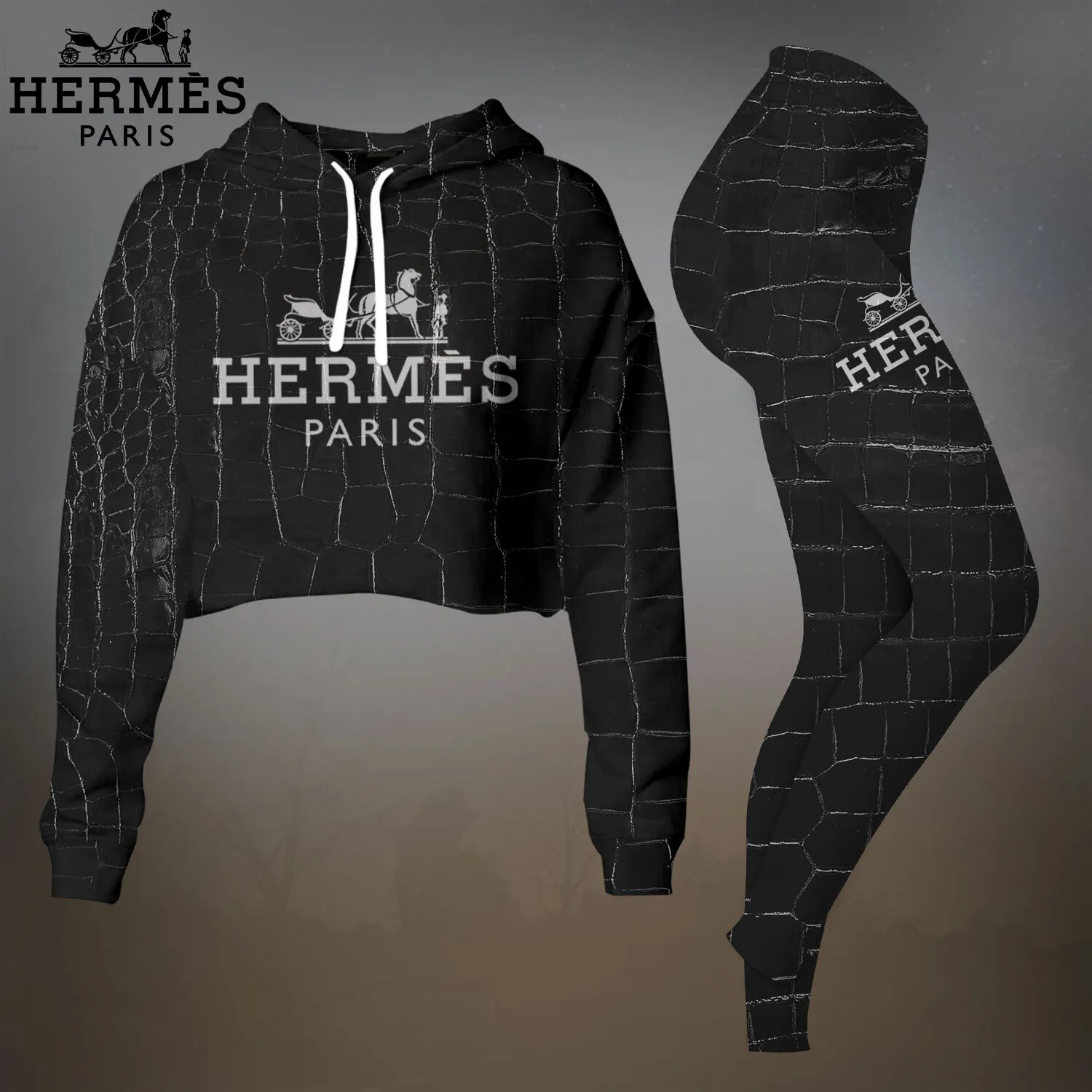 Herms Cropped Hoodie And Leggings Set Black Monogram White Logo
