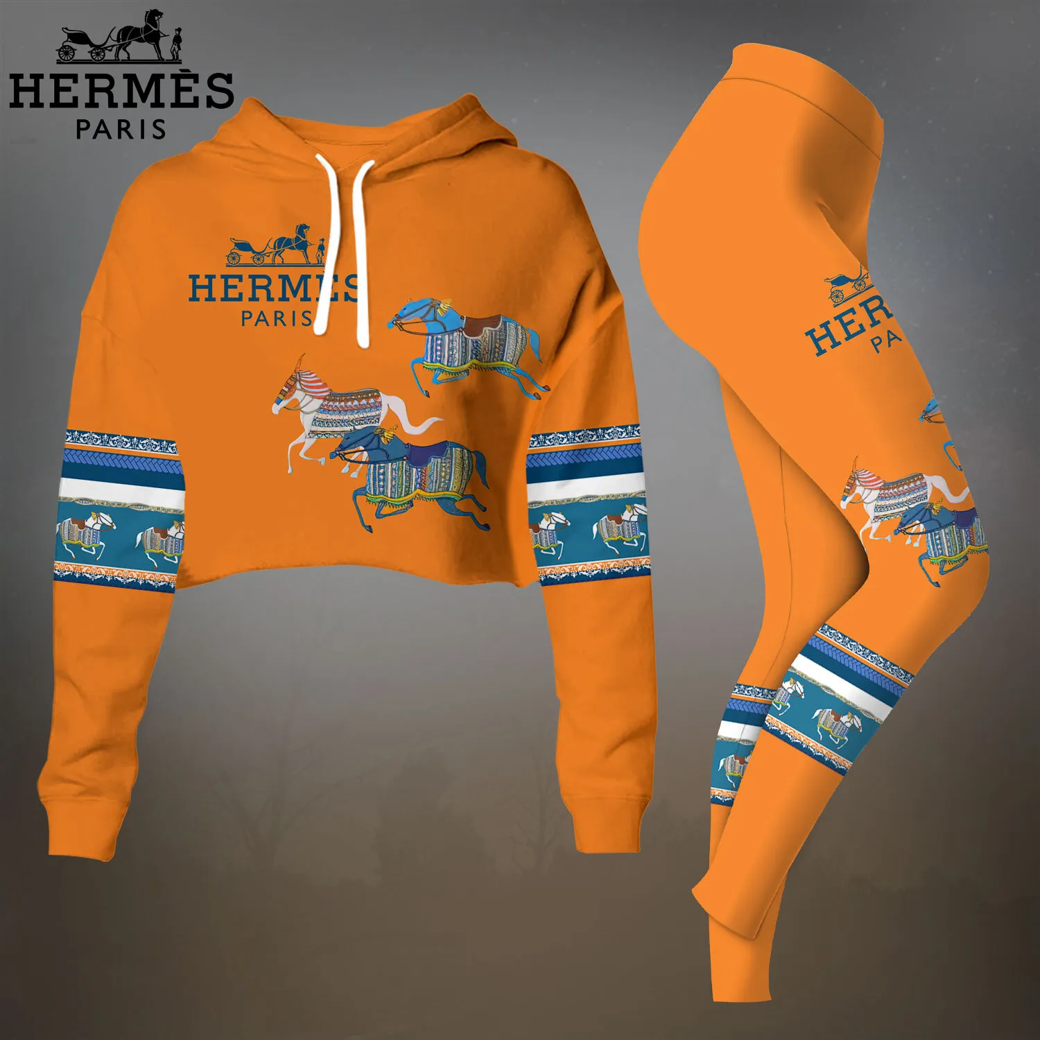 Herms Cropped Hoodie And Leggings Set Orange Blue Horse Print