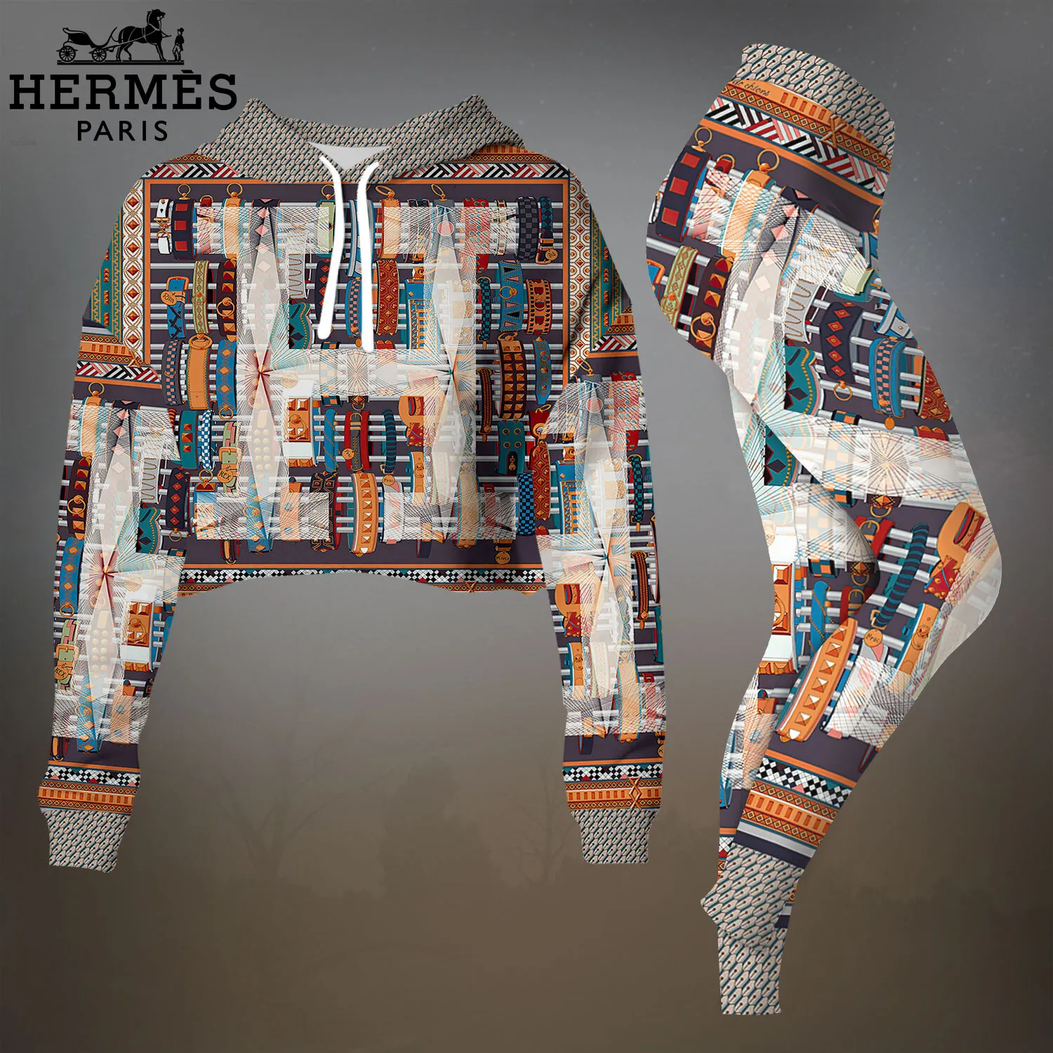 Herms Cropped Hoodie And Leggings Set Multicolor Scarf Pattern