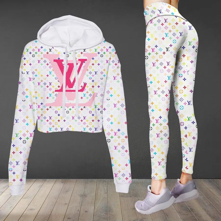 LV Cropped Hoodie And Leggings Set White Hoodie Pink LV Logo White Pants
