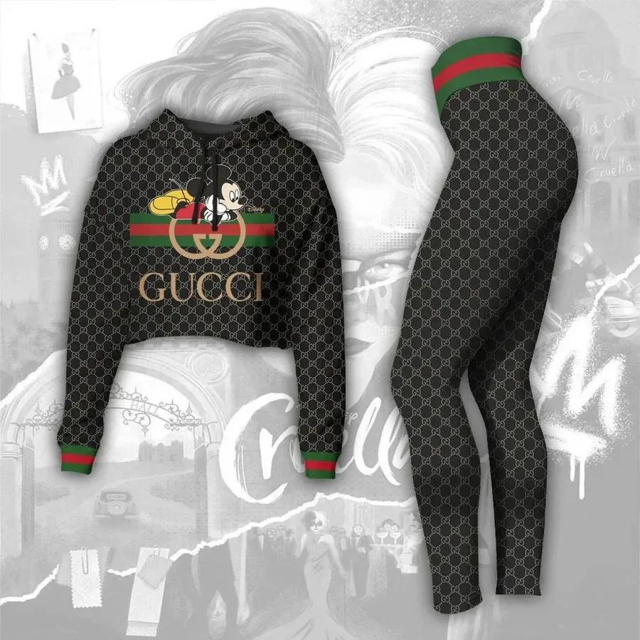 Gucci Cropped Hoodie And Leggings Set Black Green Red Stripe