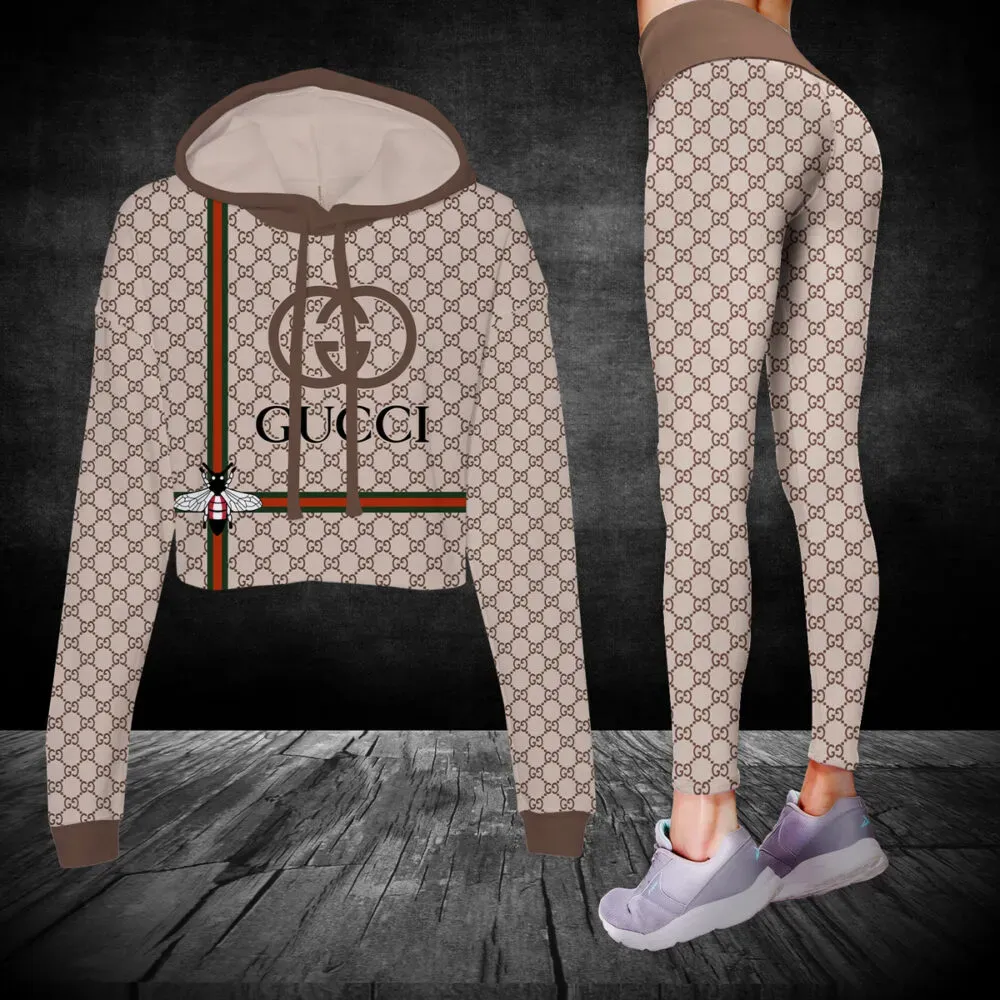 Gucci Cropped Hoodie And Leggings Set Brown Monogram Pattern