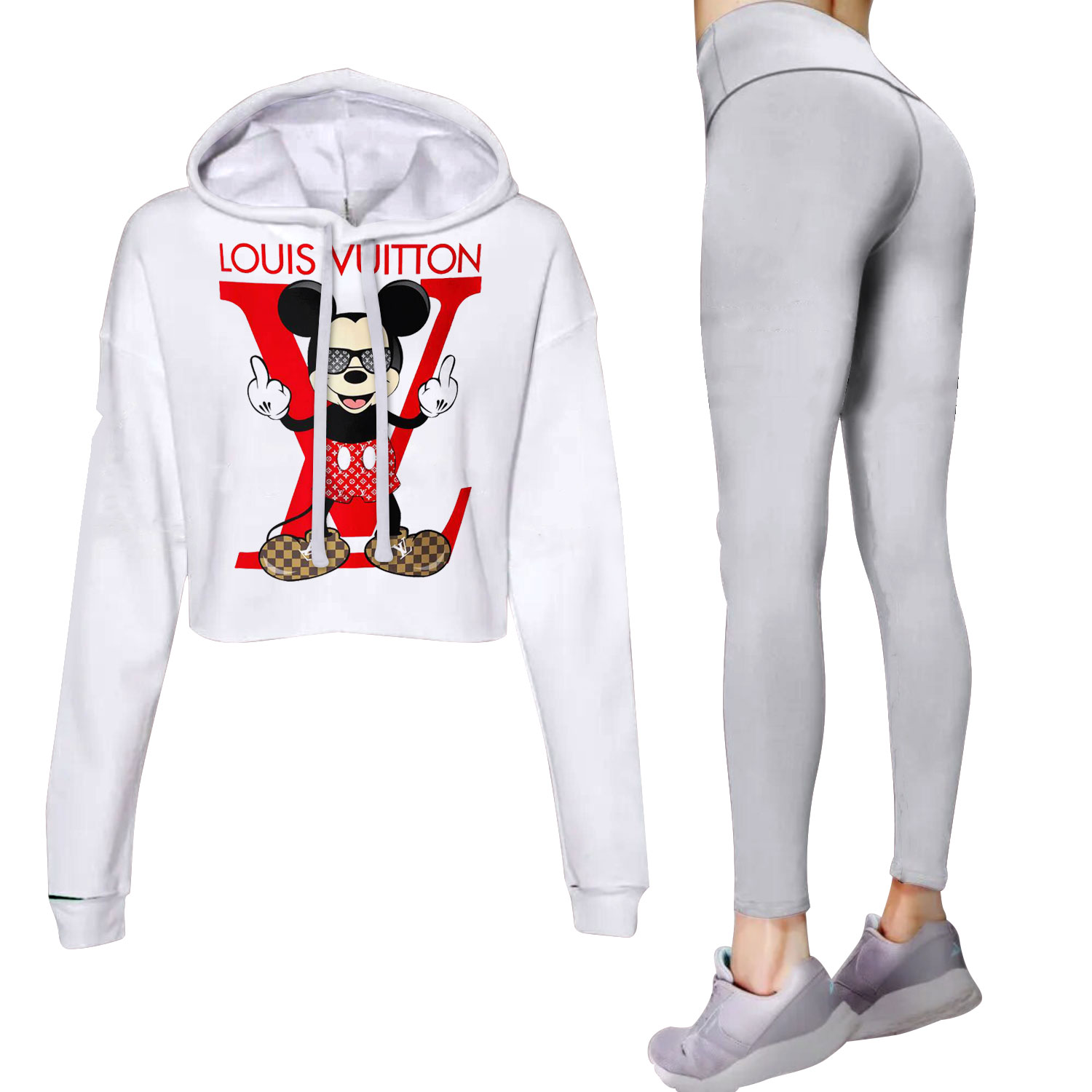 LV Cropped Hoodie And Leggings Set White Hoodie Red LV Logo Gray Pants