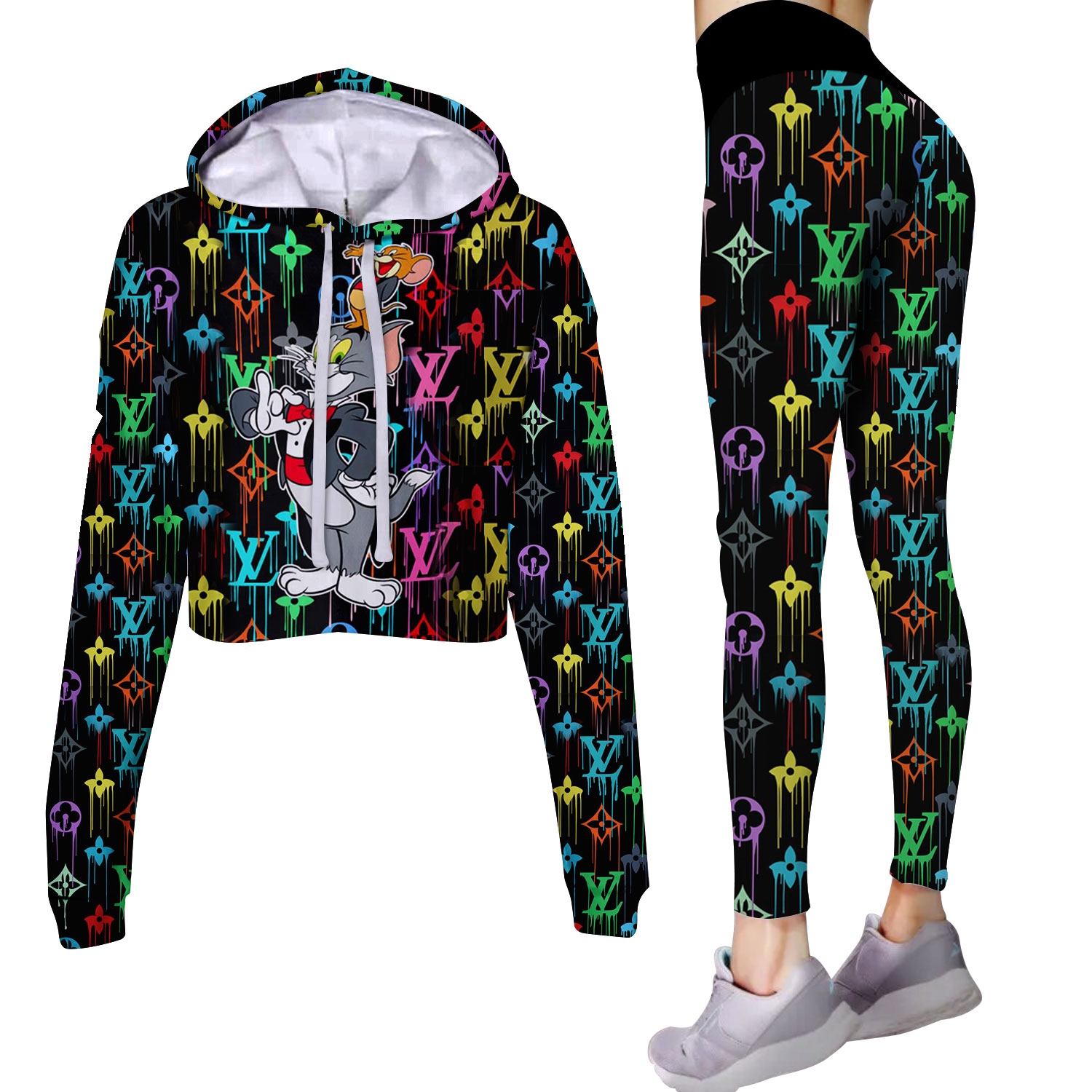 LV Cropped Hoodie And Leggings Set Black Neon Drip Paint Logo
