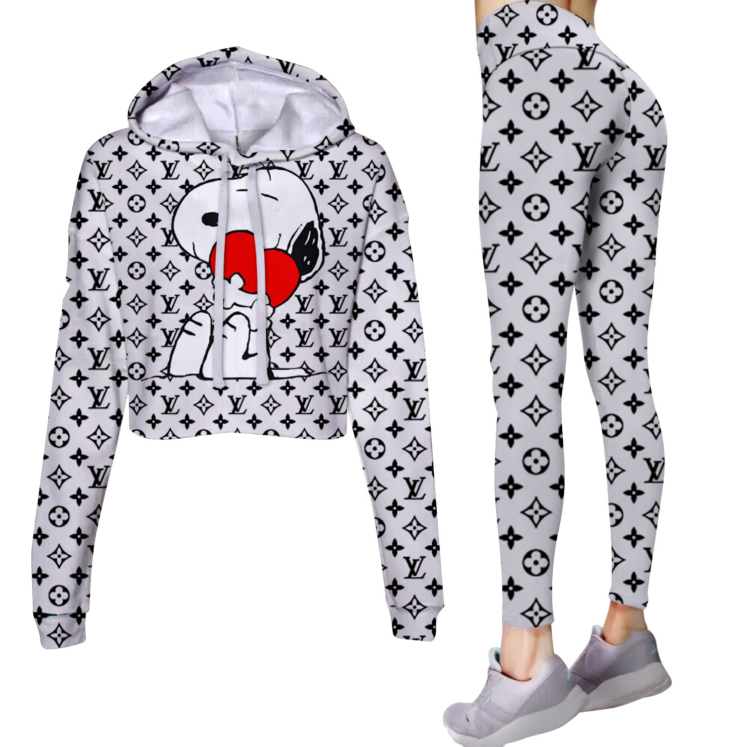 LV Cropped Hoodie And Leggings Set White Black Monogram Hello Kitty