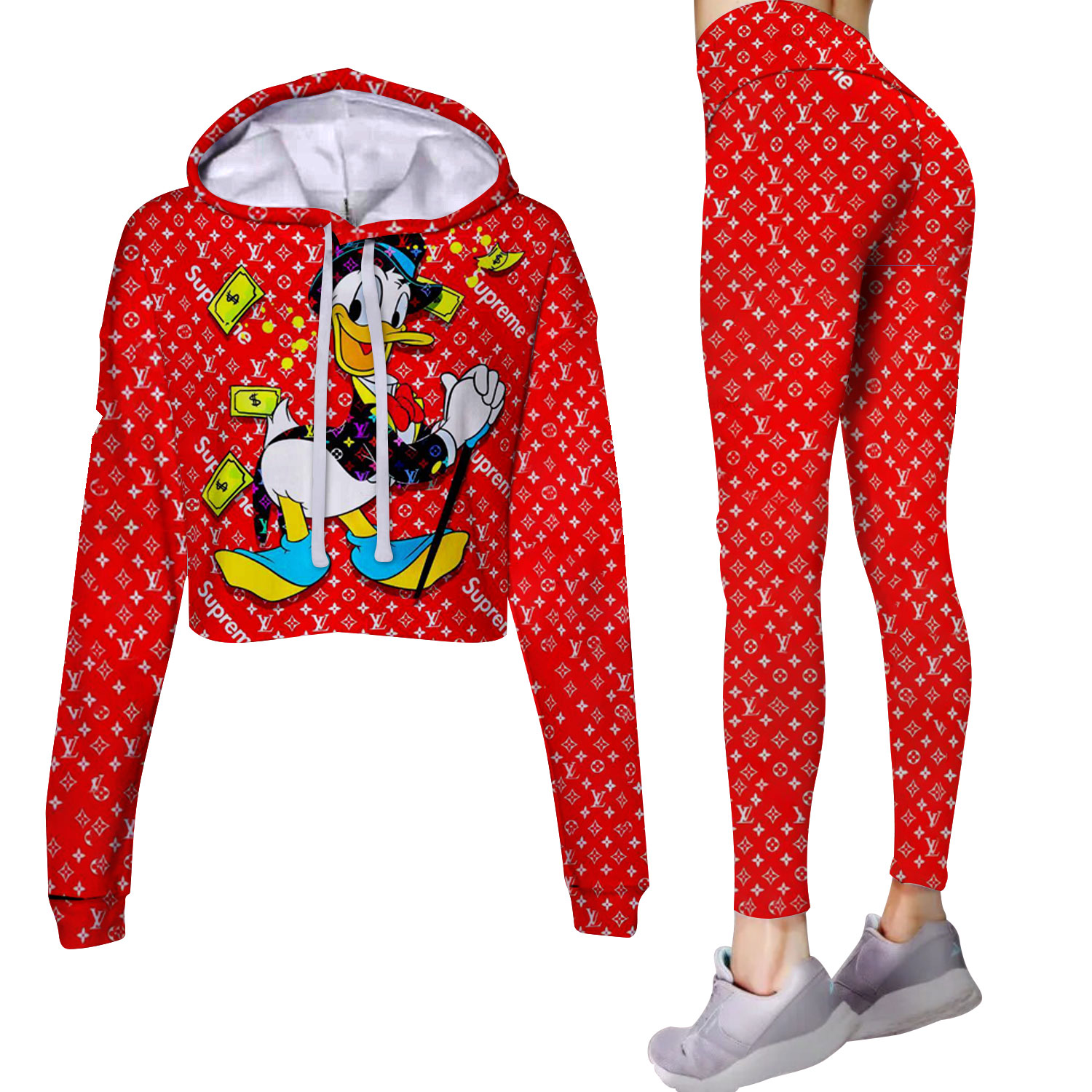 LV Cropped Hoodie And Leggings Set Red Minnie Print White Polka Dot