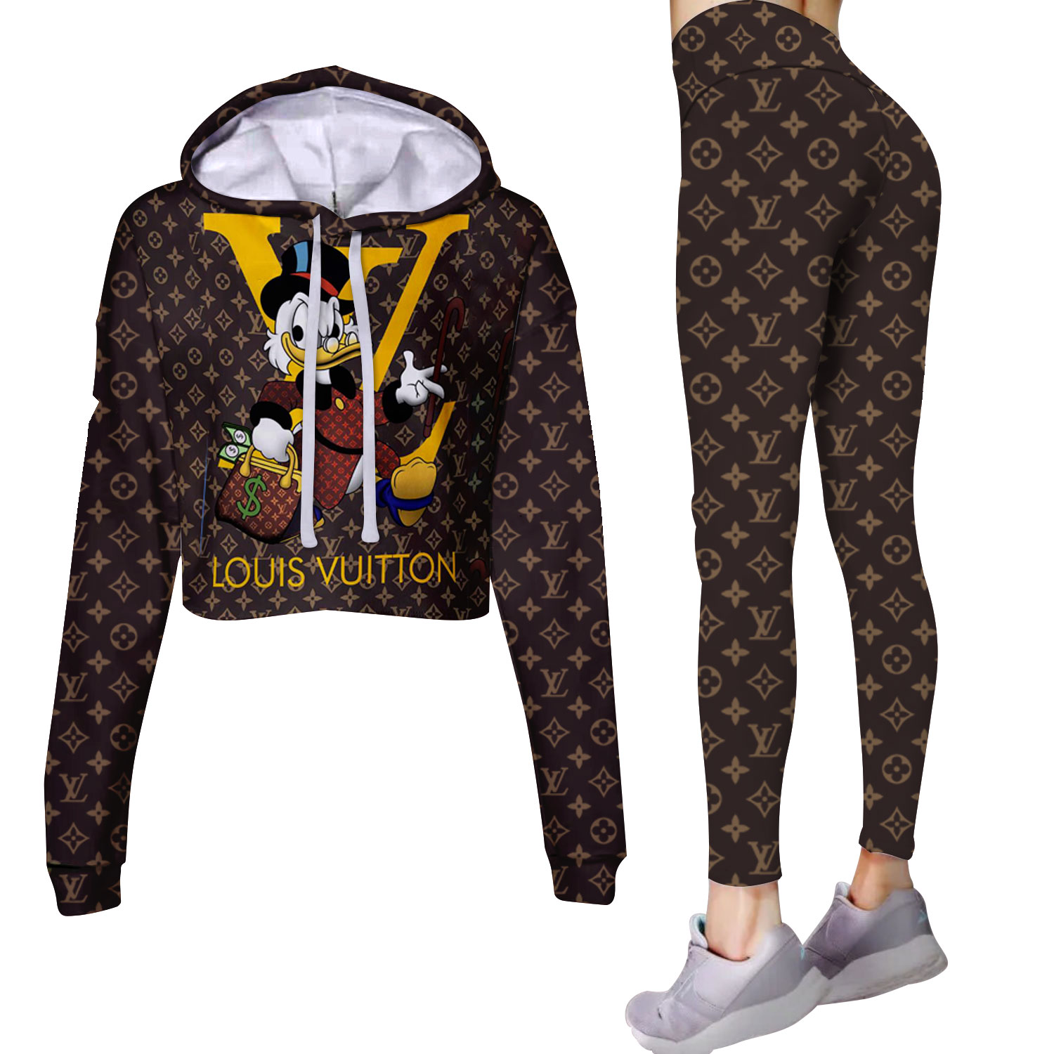 LV Cropped Hoodie And Leggings Set Brown Monogram Mickey Print