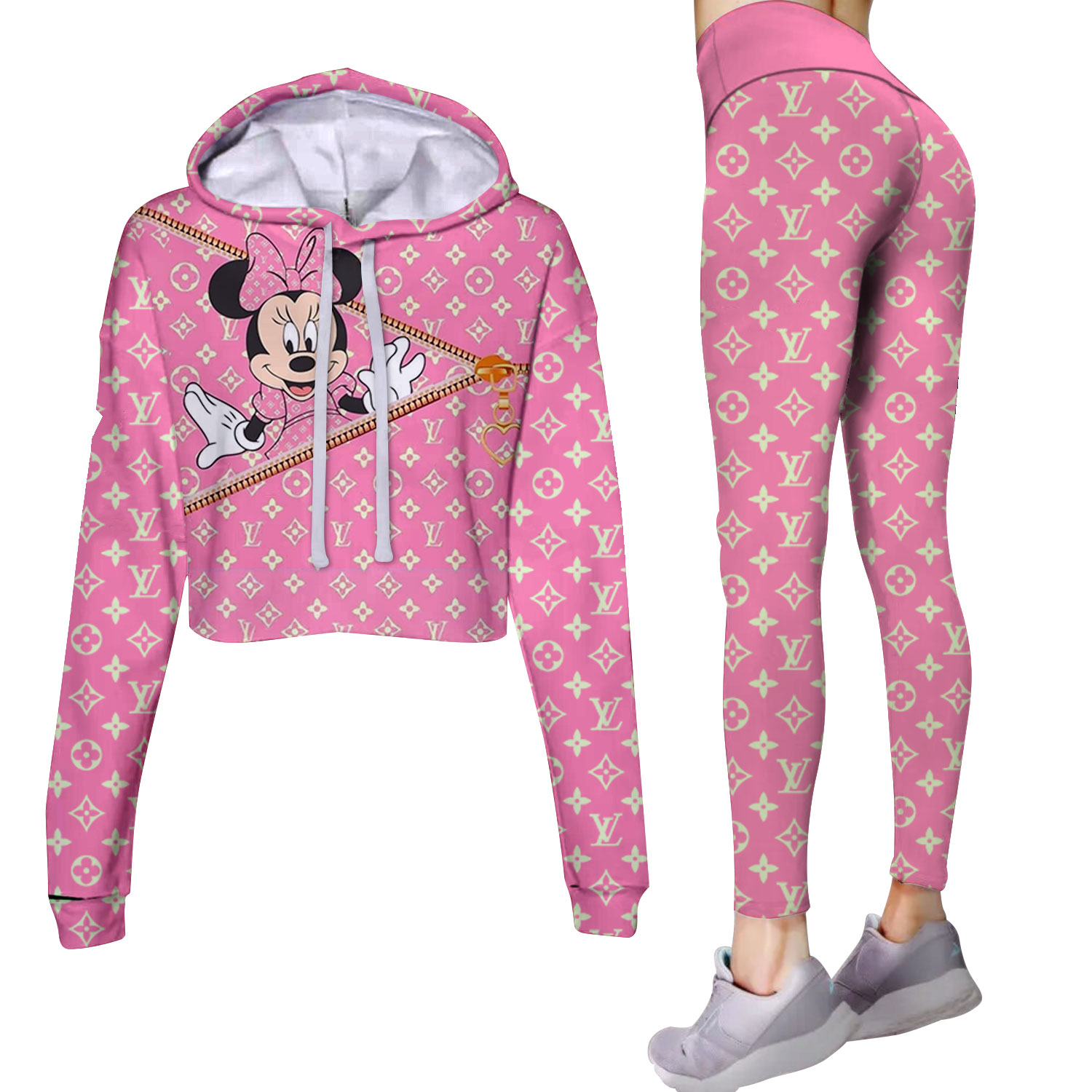 LV Cropped Hoodie And Leggings Set Pink Monogram Minnie Print