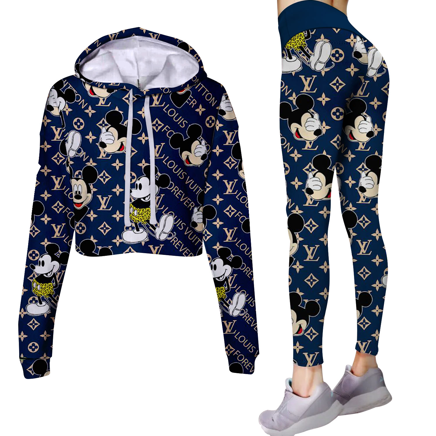 LV Cropped Hoodie And Leggings Set Navy Blue Cartoon Graphic