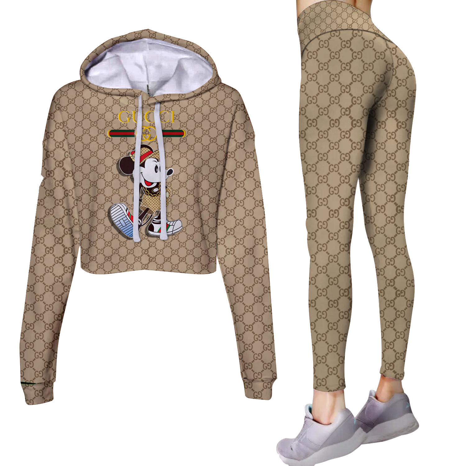LV Cropped Hoodie And Leggings Set Beige Monogram Mickey Print