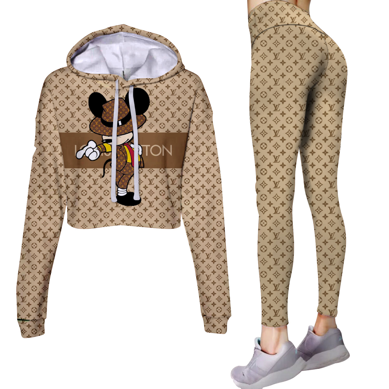 LV Cropped Hoodie And Leggings Set Brown Monogram White Logo