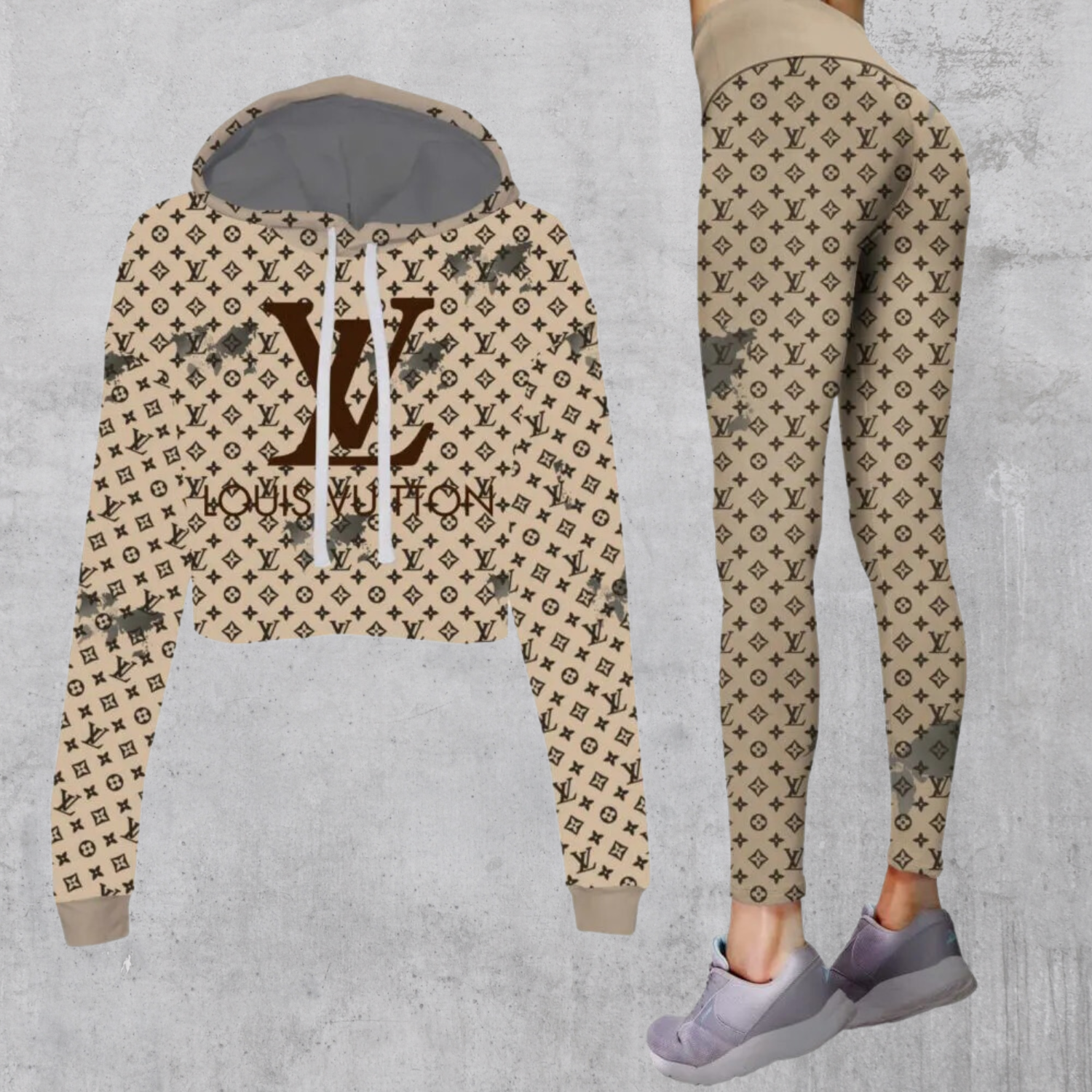 LV Cropped Hoodie And Leggings Set Beige Monogram Belt Print