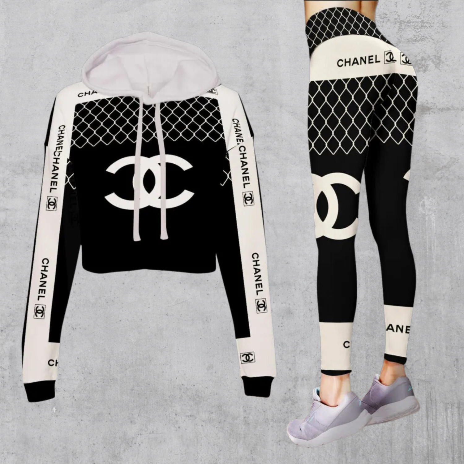 Chanel Cropped Hoodie And Leggings Set White Black CC Logo