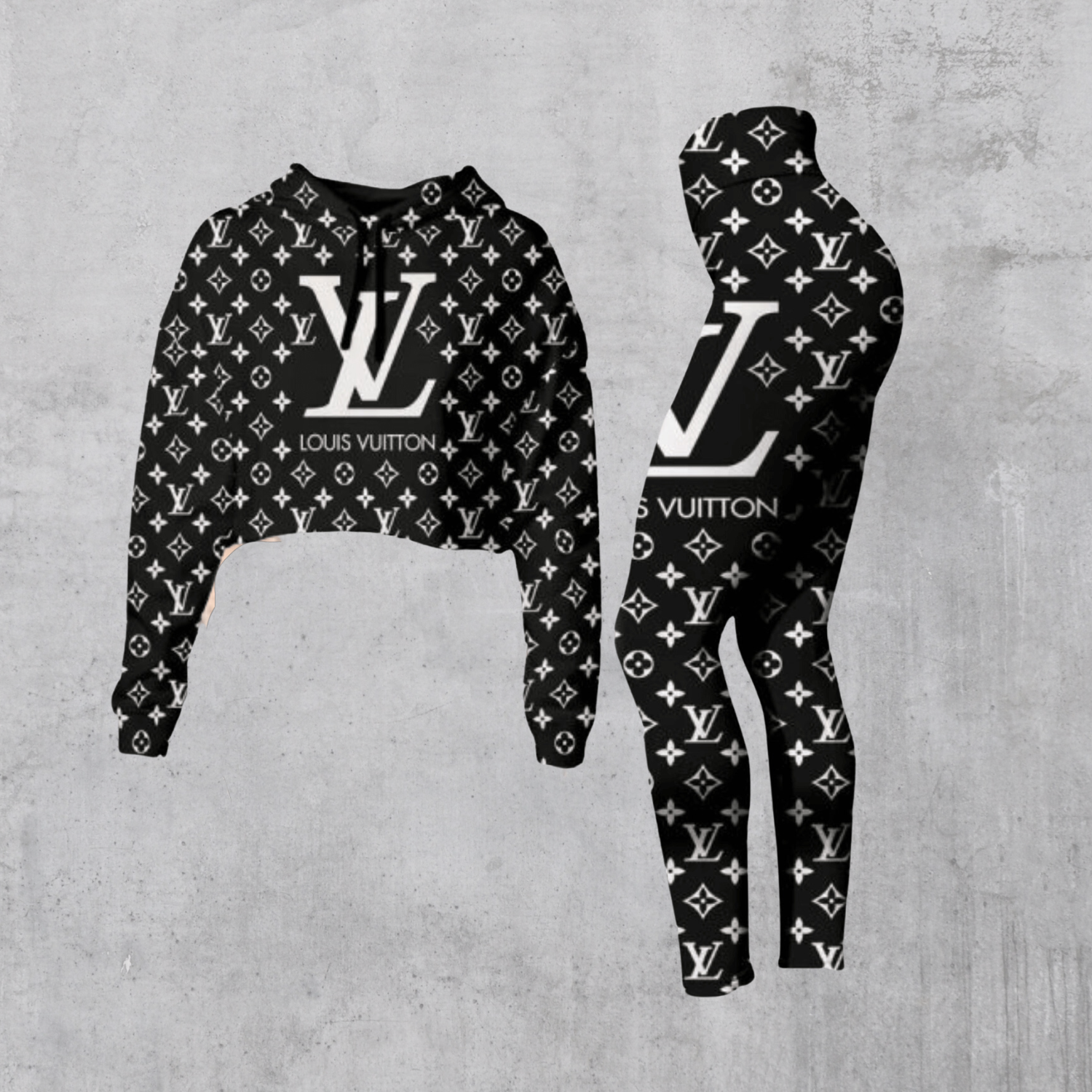 LV Cropped Hoodie And Leggings Set Black Monogram White Logo