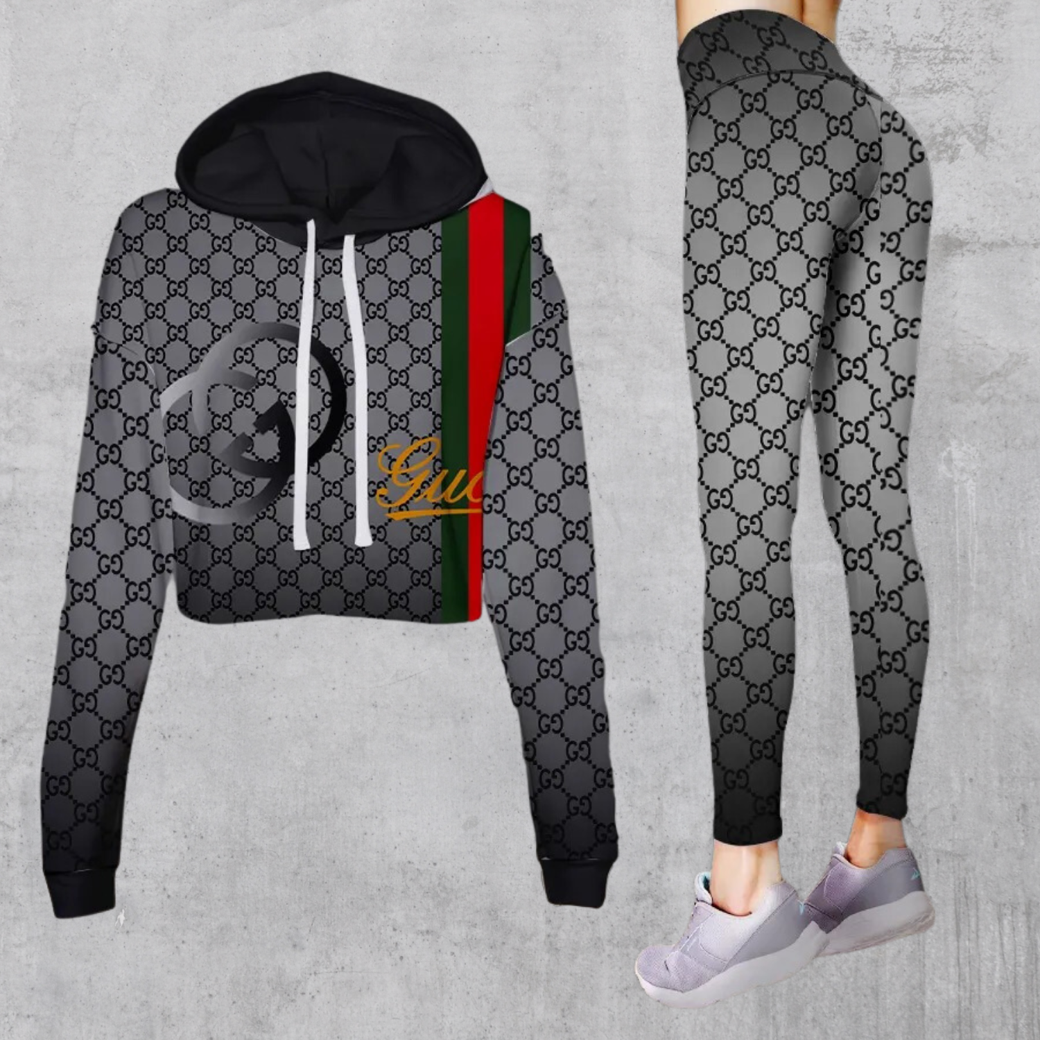 Gucci Cropped Hoodie And Leggings Set Black Ombre Monogram Green Red Stripe