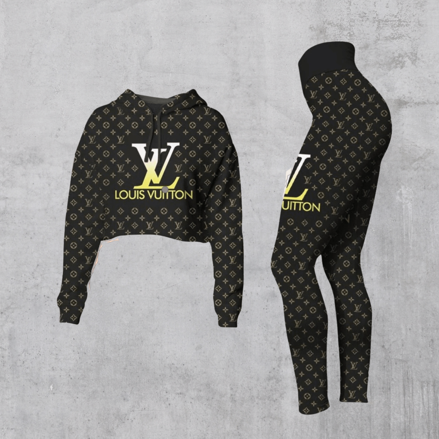 LV Cropped Hoodie And Leggings Set Black Monogram Gold LV Logo