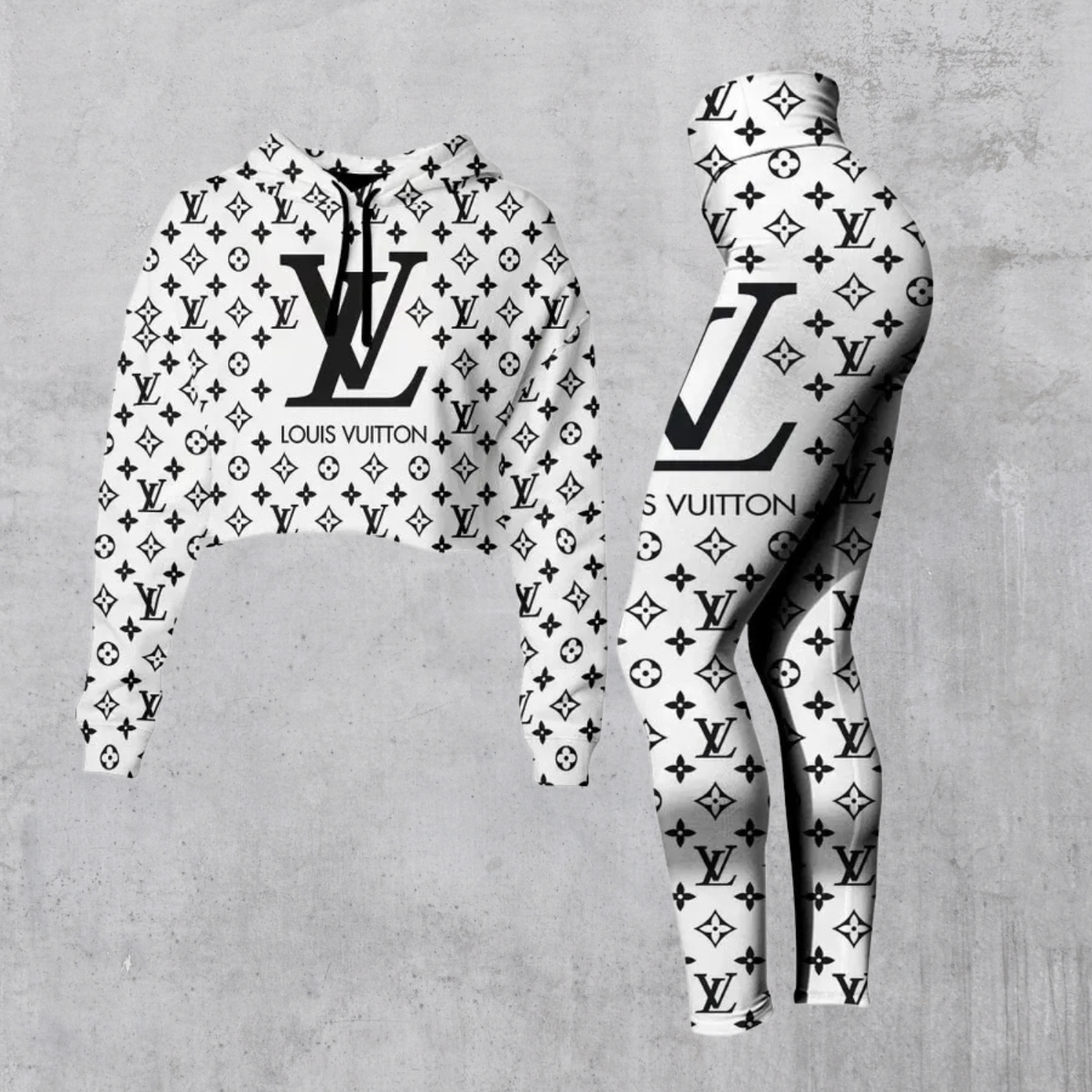 LV Cropped Hoodie And Leggings Set White Black Monogram Logo