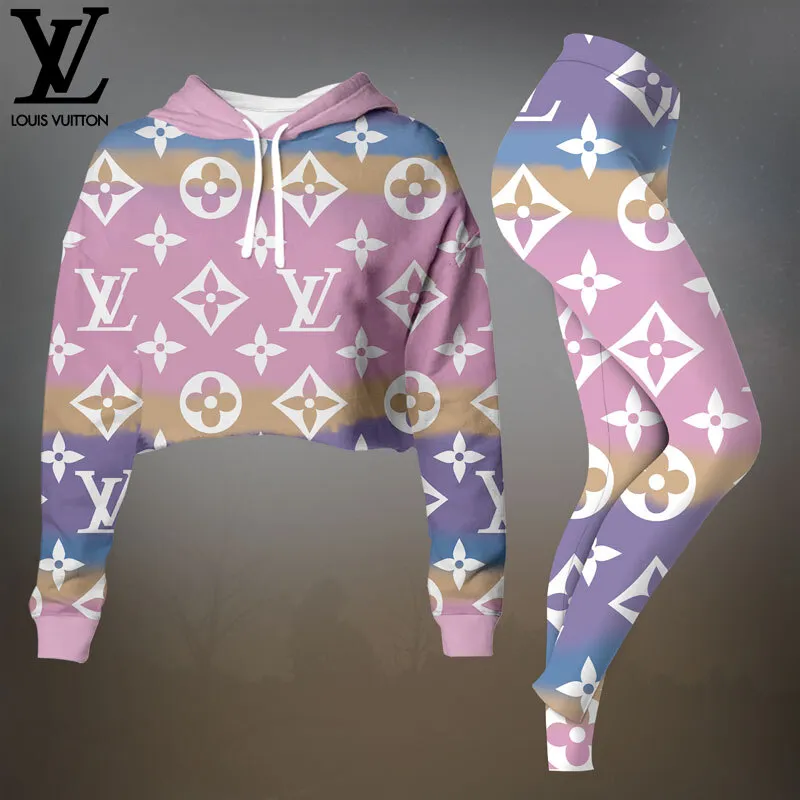 Louis Vuitton Purple And Beige Monogram Cropped Hoodie And Leggings Set