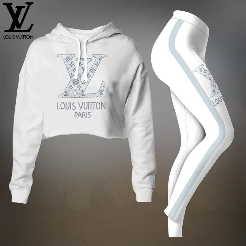 Louis Vuitton White Monogram Cropped Hoodie And Leggings Set