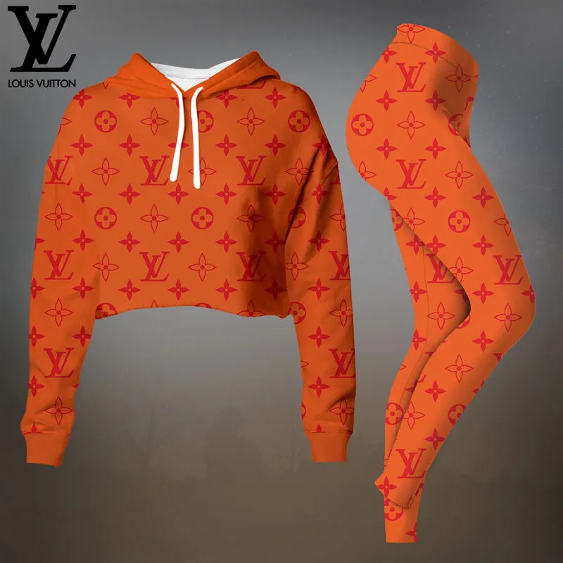 Louis Vuitton Orange Monogram Cropped Hoodie And Leggings Set