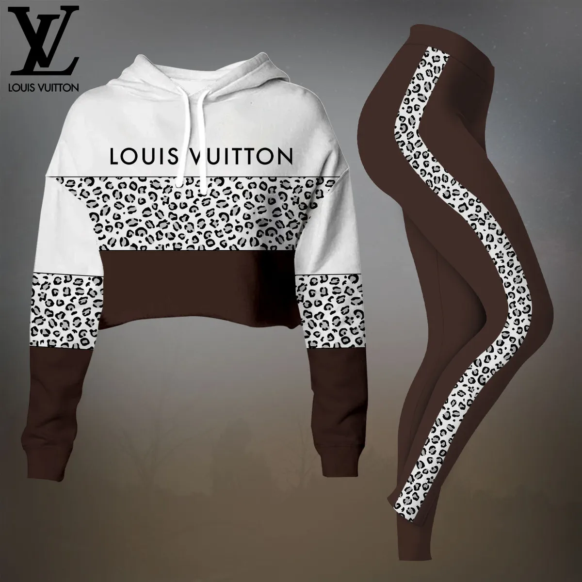 Louis Vuitton Brown And White Monogram Sleeve Cropped Hoodie And Leggings Set