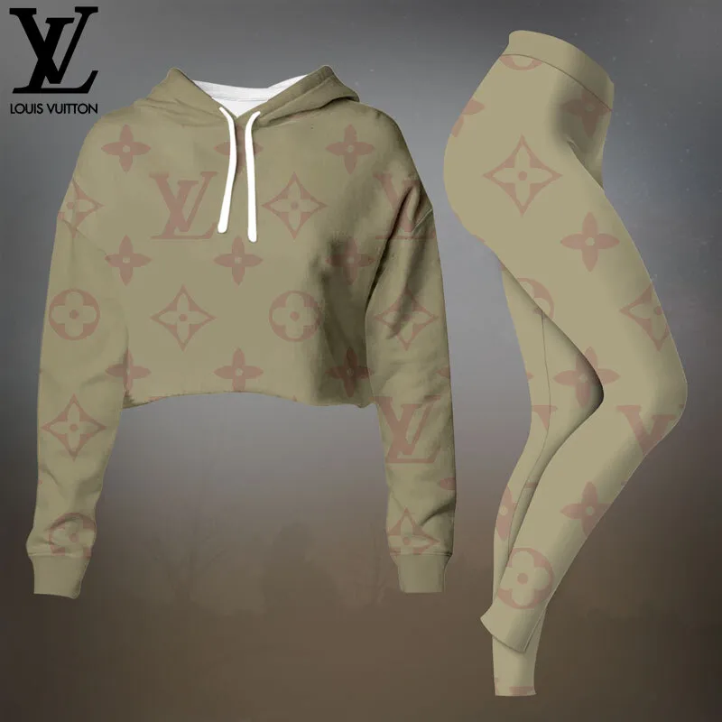 Louis Vuitton Beige Monogram Cropped Hoodie And Leggings Set