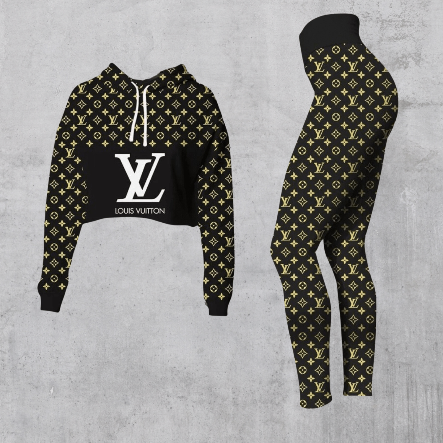 LV Cropped Hoodie And Leggings Set Black Monogram Gold Logo