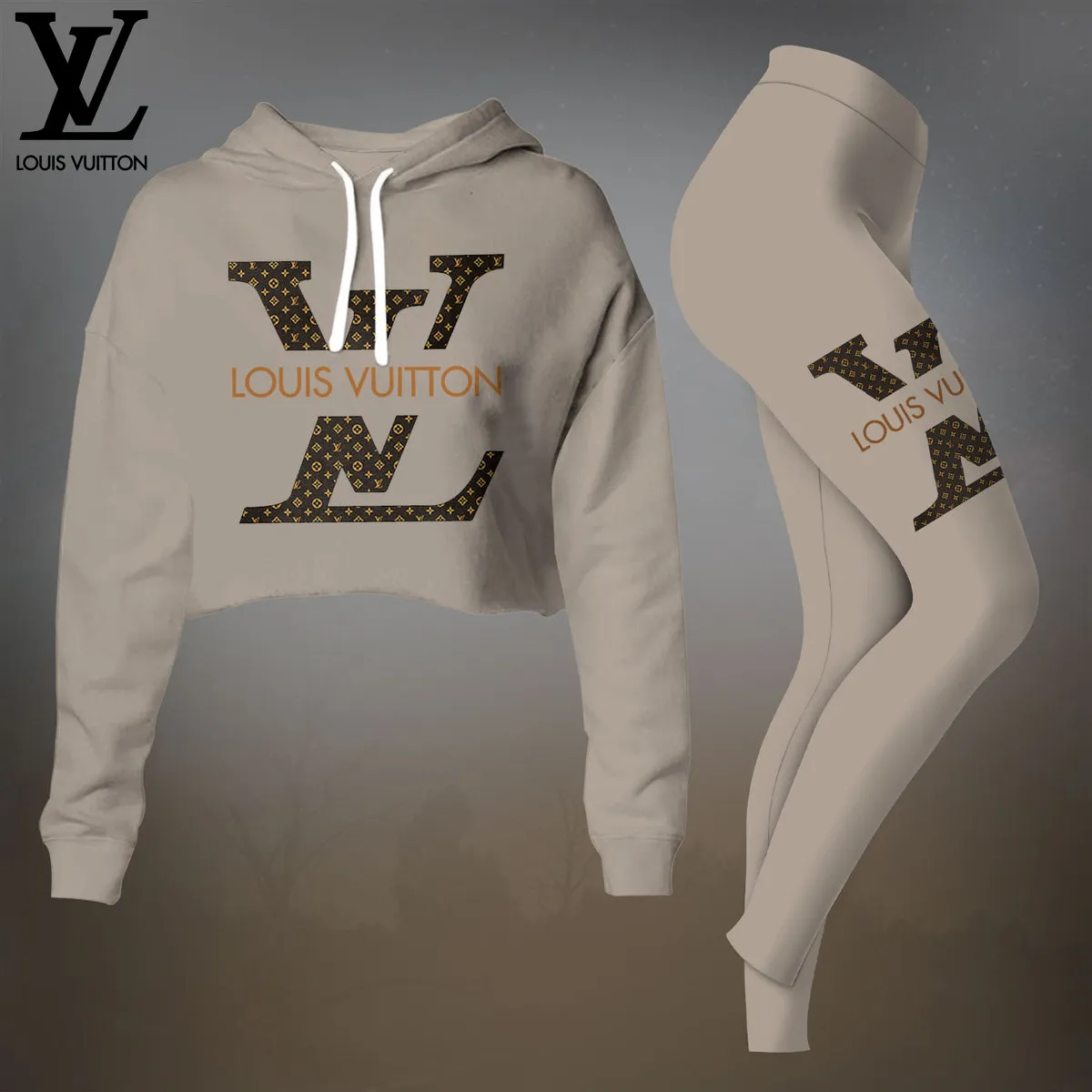 Louis Vuitton Beige And Brown LV Logo Cropped Hoodie And Leggings Set