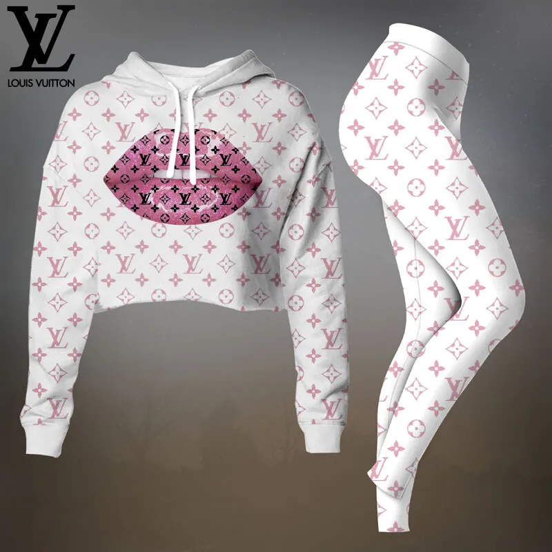 Louis Vuitton White Pink Premium Cropped Hoodie Leggings Set For Women