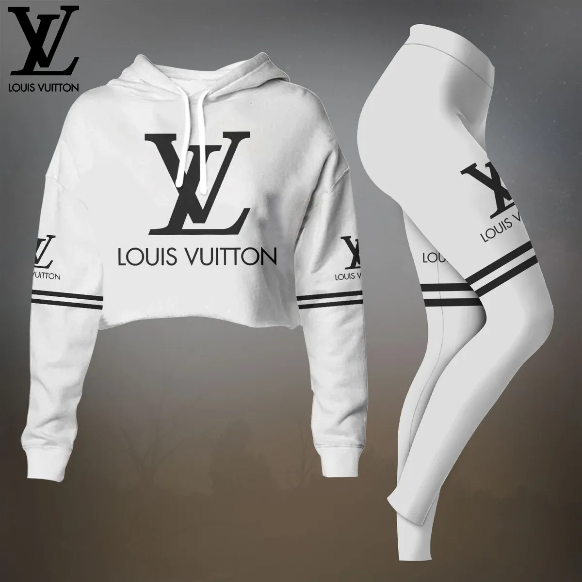 Louis Vuitton White And Black LV Logo Cropped Hoodie And Leggings Set
