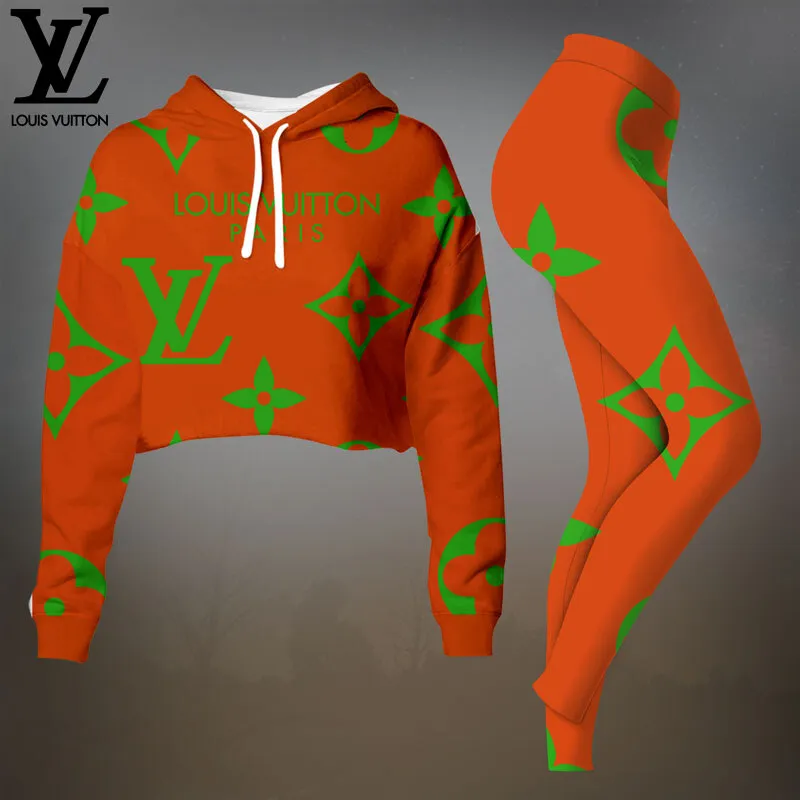 Louis Vuitton Orange Premium Cropped Hoodie Leggings Set For Women