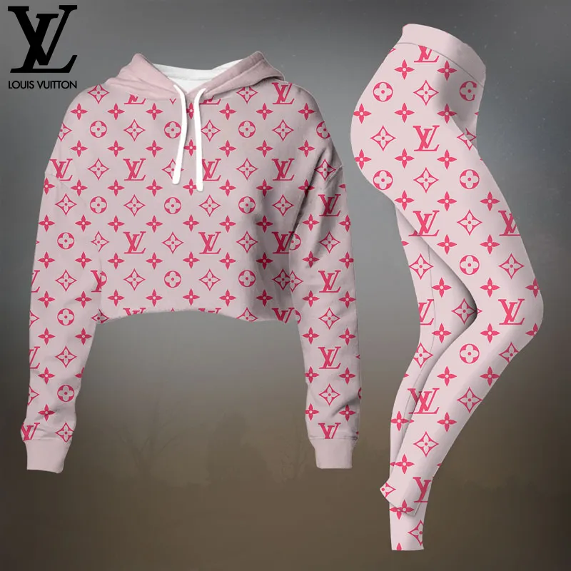 Louis Vuitton Baby Pink Premium Cropped Hoodie Leggings Set For Women