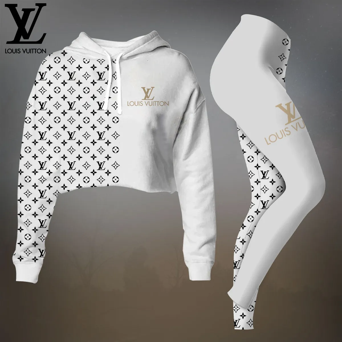 Louis Vuitton White Premium Cropped Hoodie Leggings Set For Women
