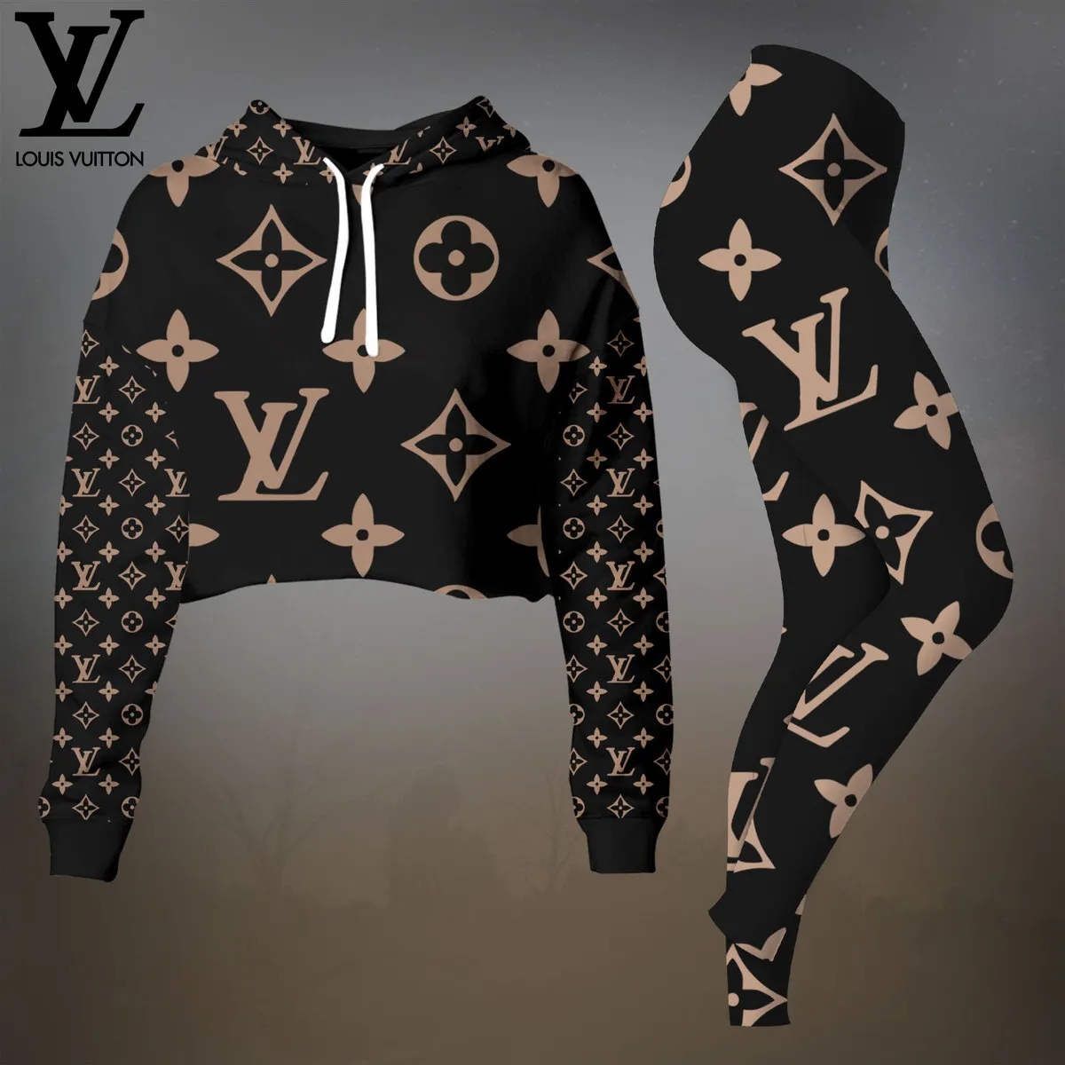Louis Vuitton Balck Premium Cropped Hoodie Leggings Set For Women