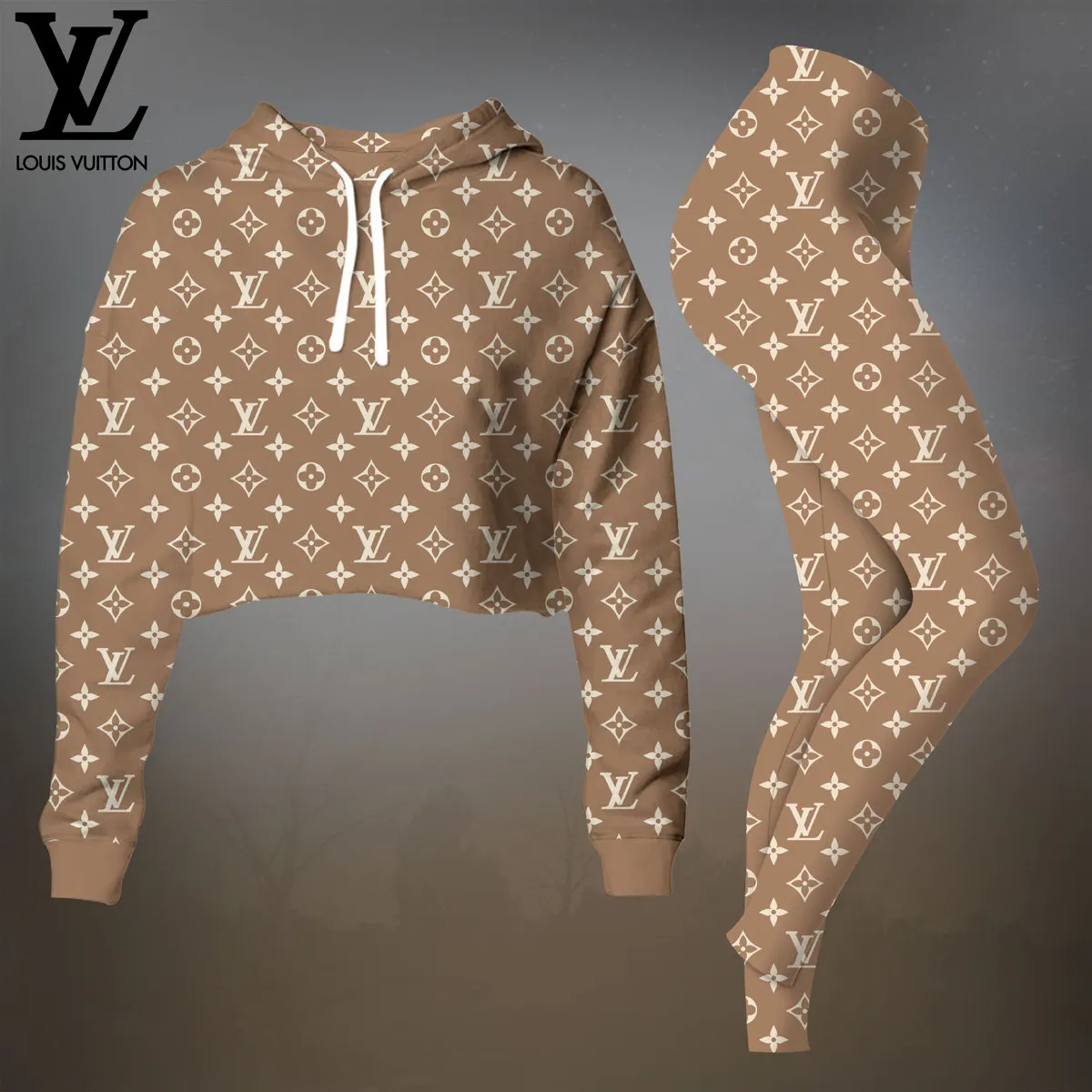 Louis Vuitton Monogram Brown Premium Cropped Hoodie Leggings Set For Women