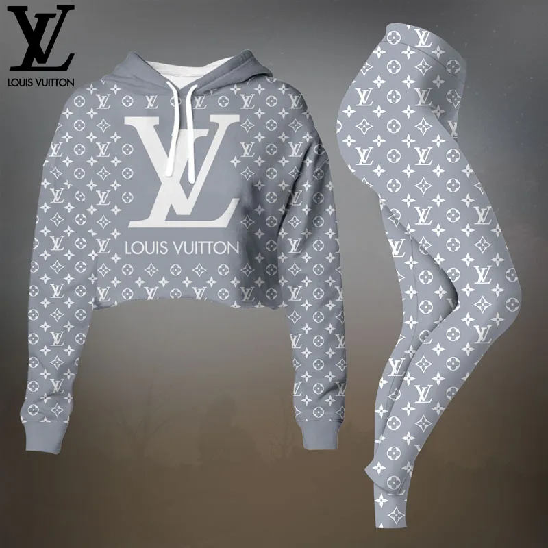 Louis Vuitton Grey Premium Cropped Hoodie Leggings Set For Women