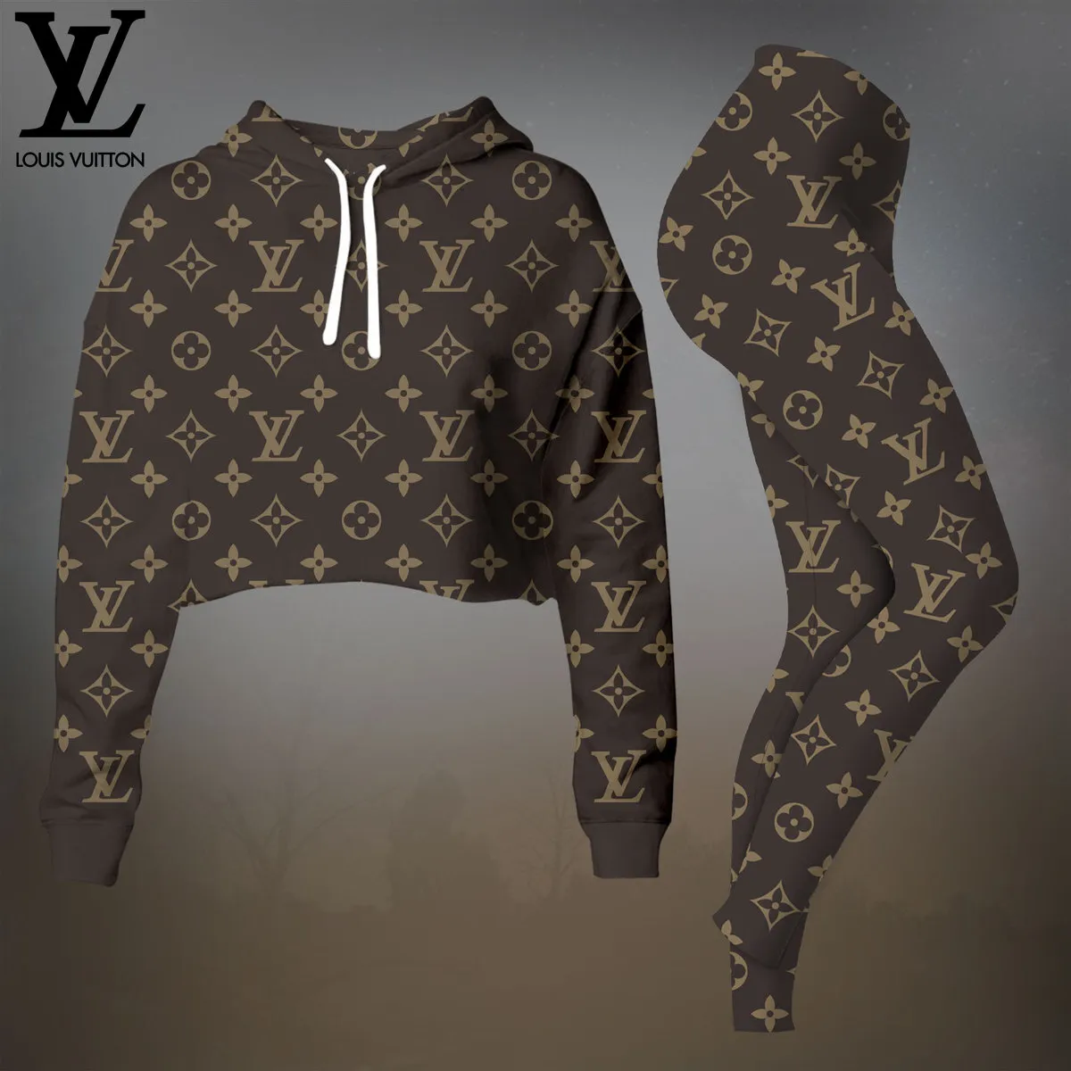 Louis Vuitton Earth Brown Premium Cropped Hoodie Leggings Set For Women