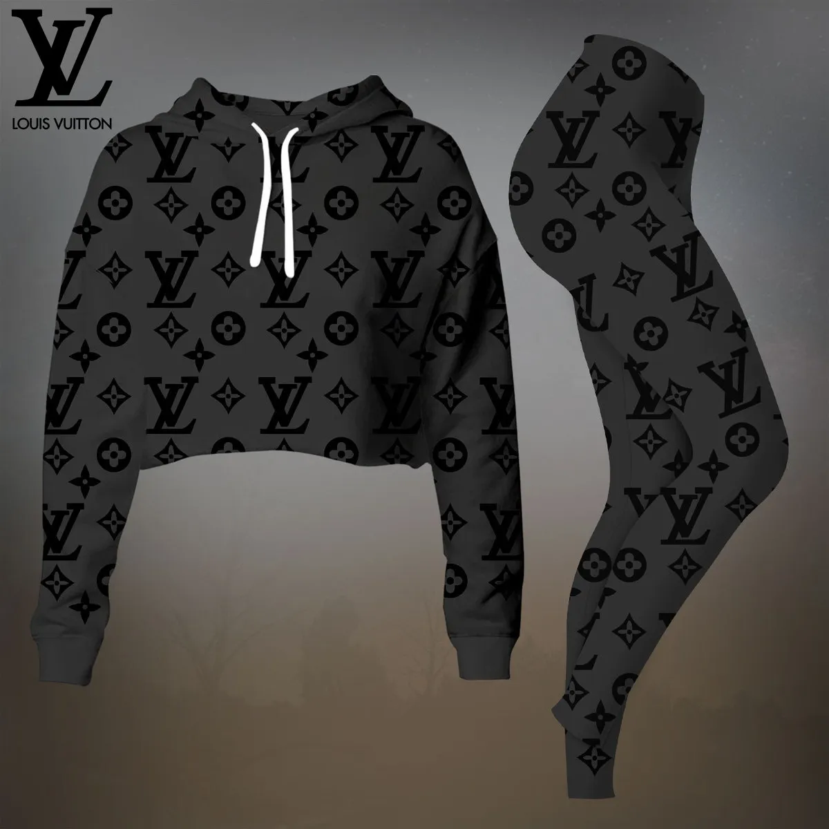 Louis Vuitton Grey Premium Cropped Hoodie Leggings Set For Women
