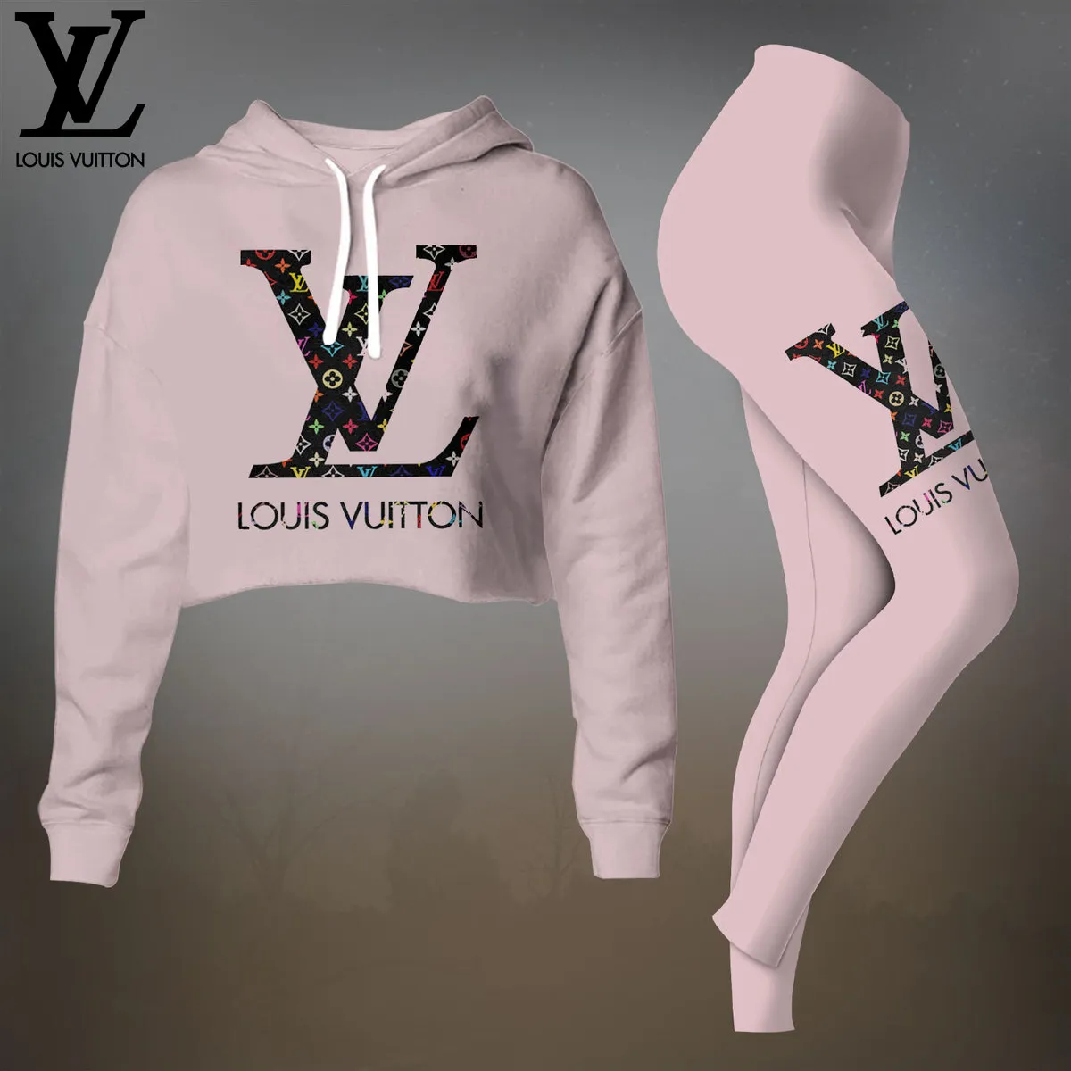 Louis Vuitton Light Pink Premium Cropped Hoodie Leggings Set For Women