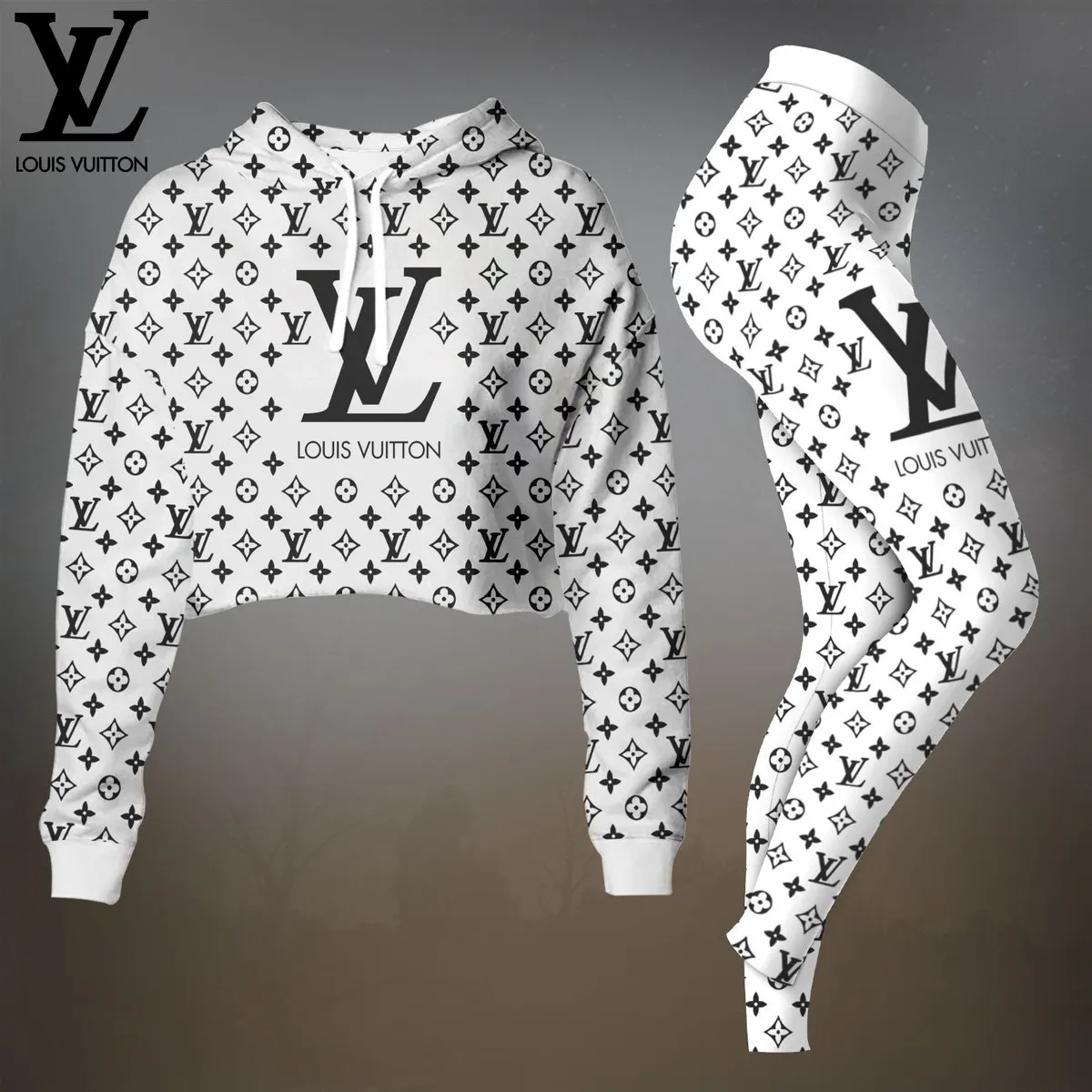 Louis Vuitton White Premium Cropped Hoodie Leggings Set For Women