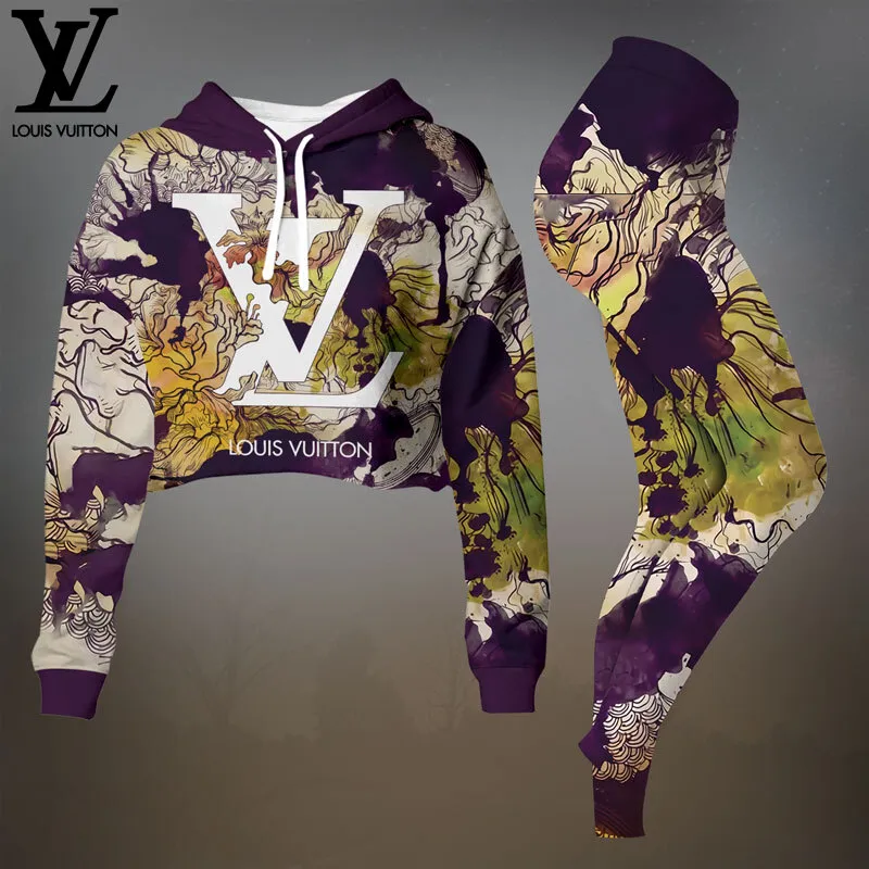 Louis Vuitton Purple Premium Cropped Hoodie Leggings Set For Women