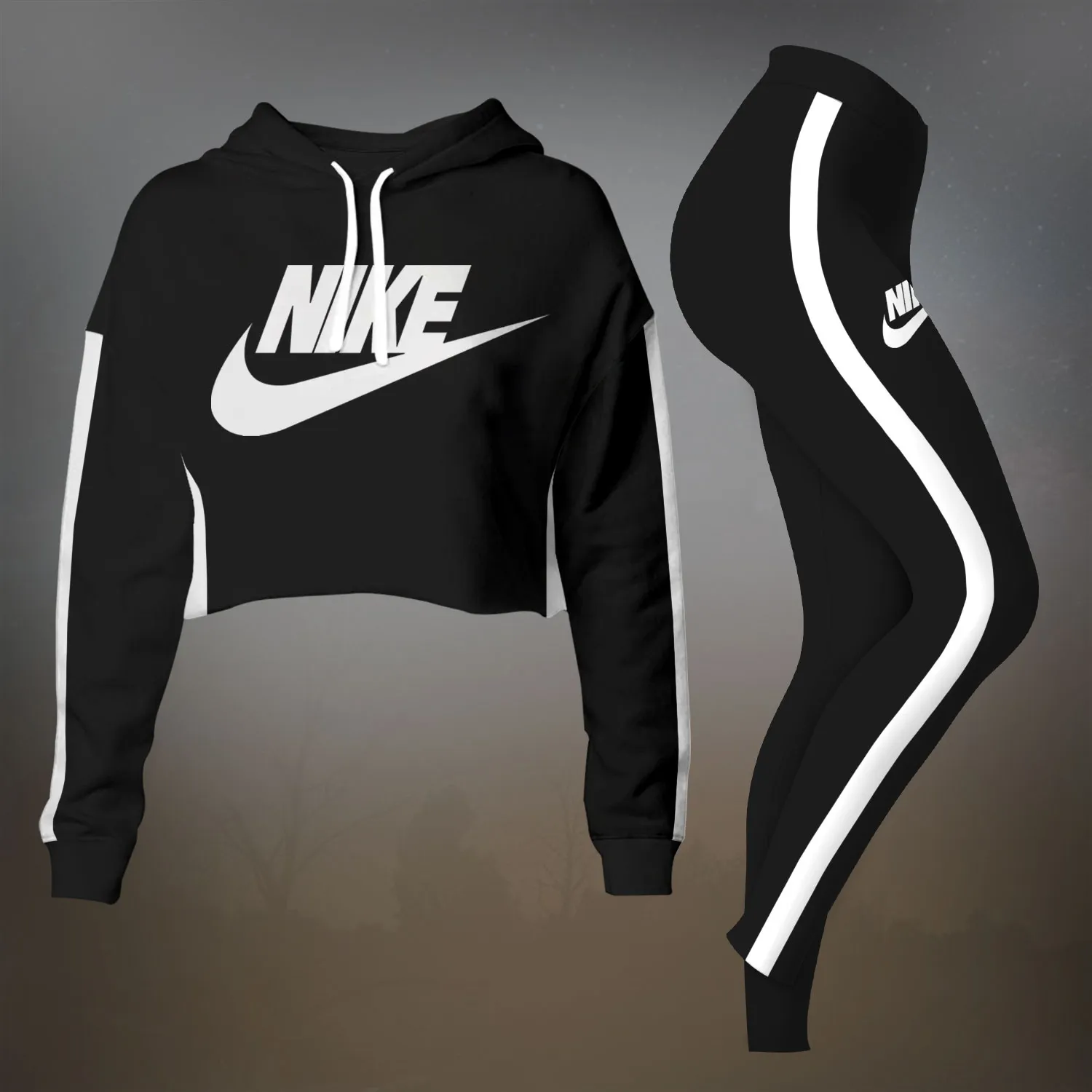 Nike Black Premium Cropped Hoodie Leggings Set For Women