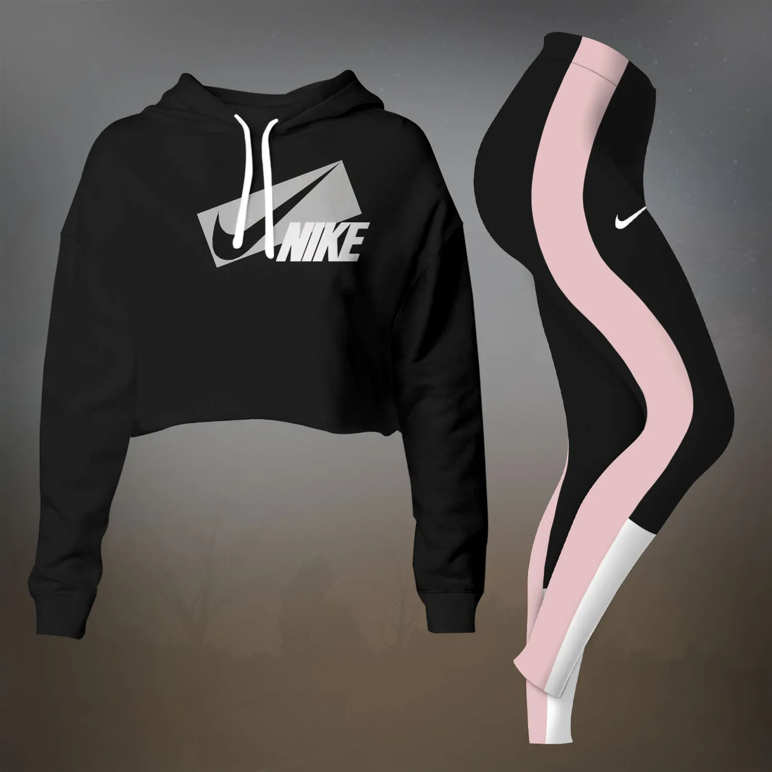 Nike Black Light Pink Premium Cropped Hoodie Leggings Set For Women
