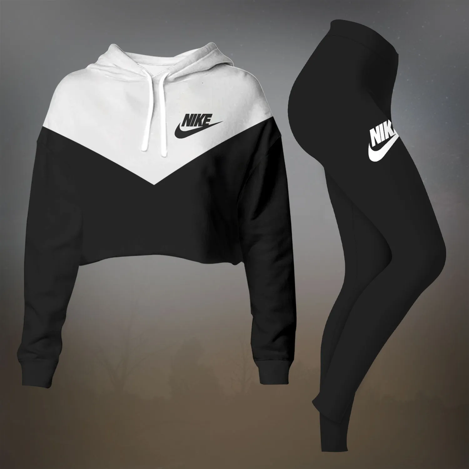 Nike Black Premium Cropped Hoodie Leggings Set For Women