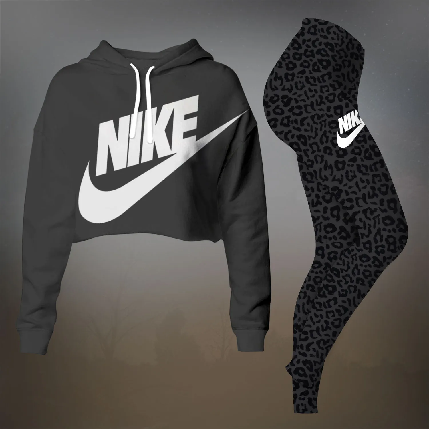 Nike Leopard Premium Cropped Hoodie Leggings Set For Women