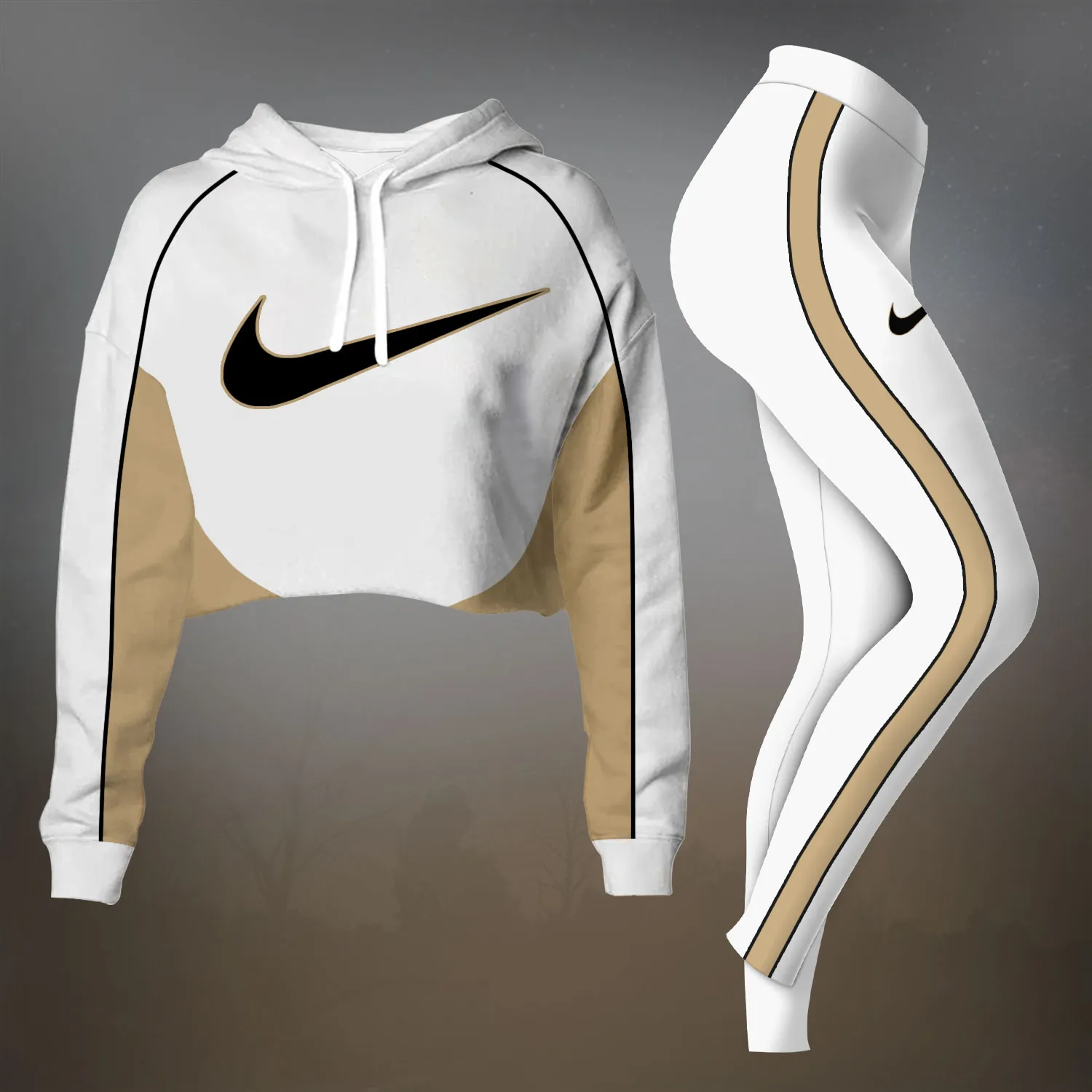 Nike White Premium Cropped Hoodie Leggings Set For Women