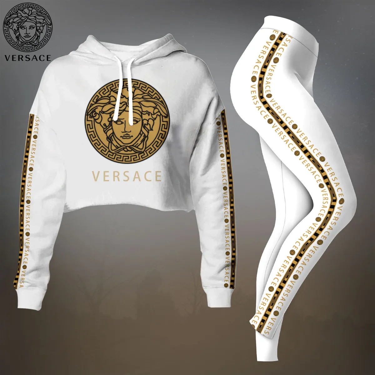 Versace Premium Cropped Hoodie Leggings Set For Women White Winter Clothes