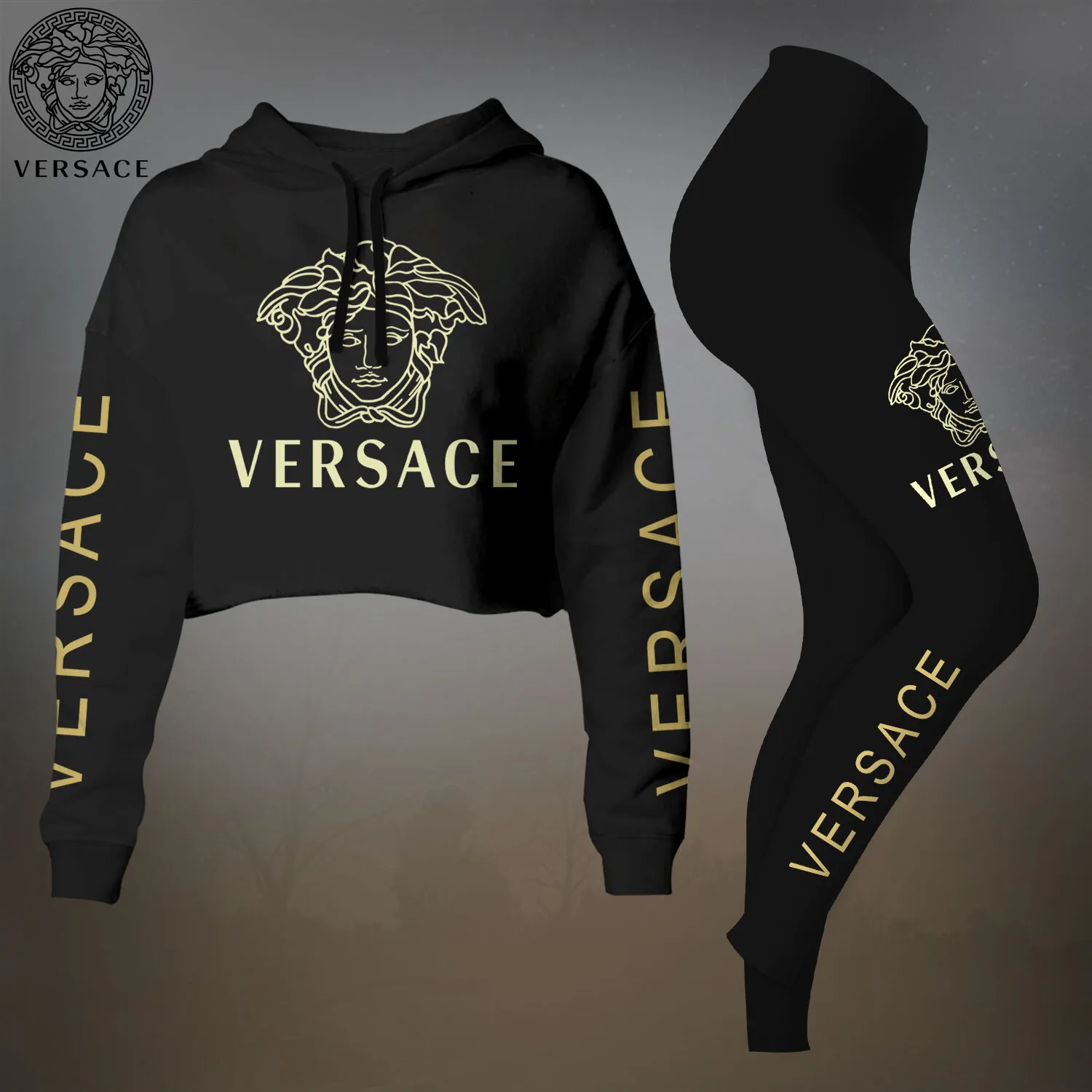 Versace Premium Cropped Hoodie Leggings Set For Women Black